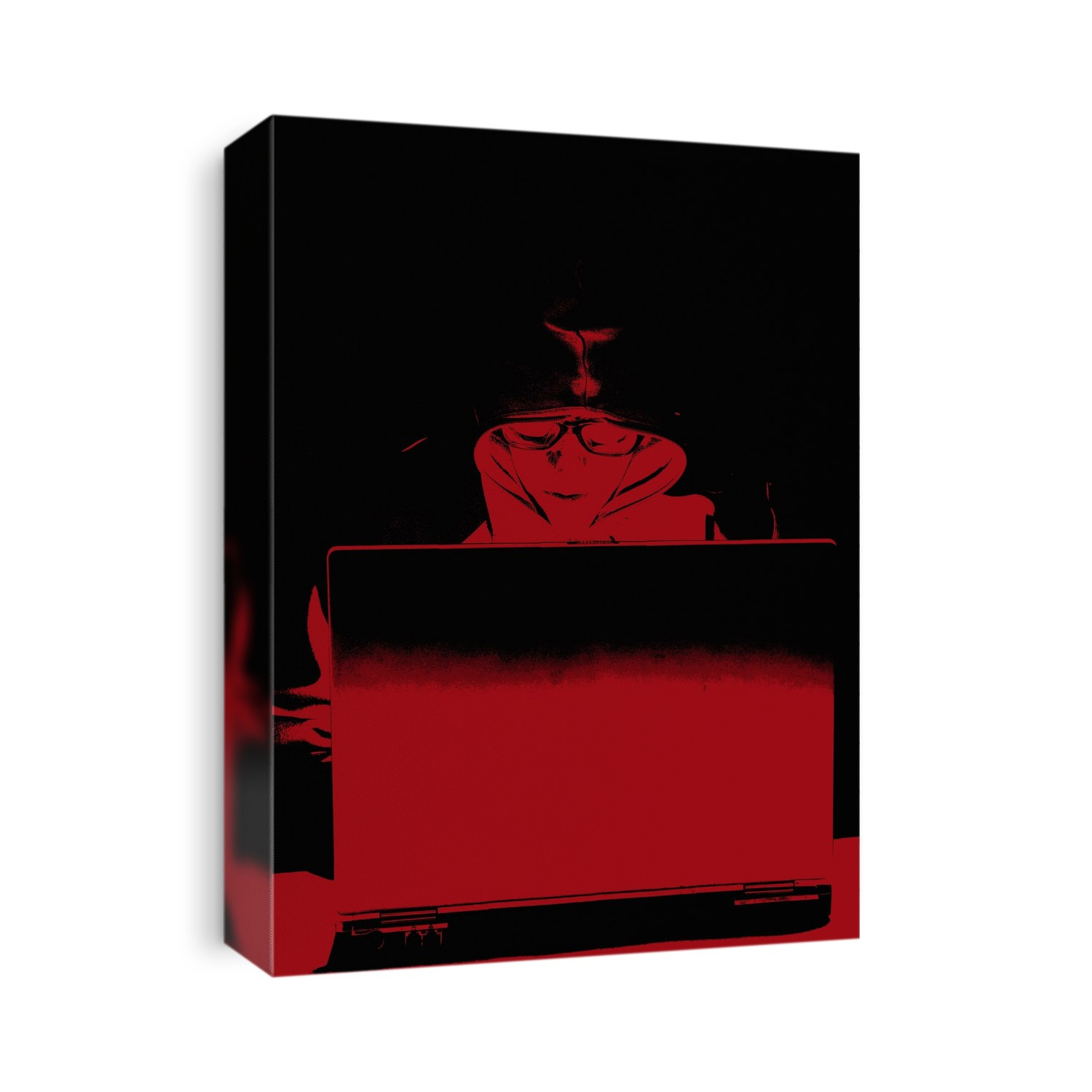 Hooded figure hacking laptop computer, illustration.