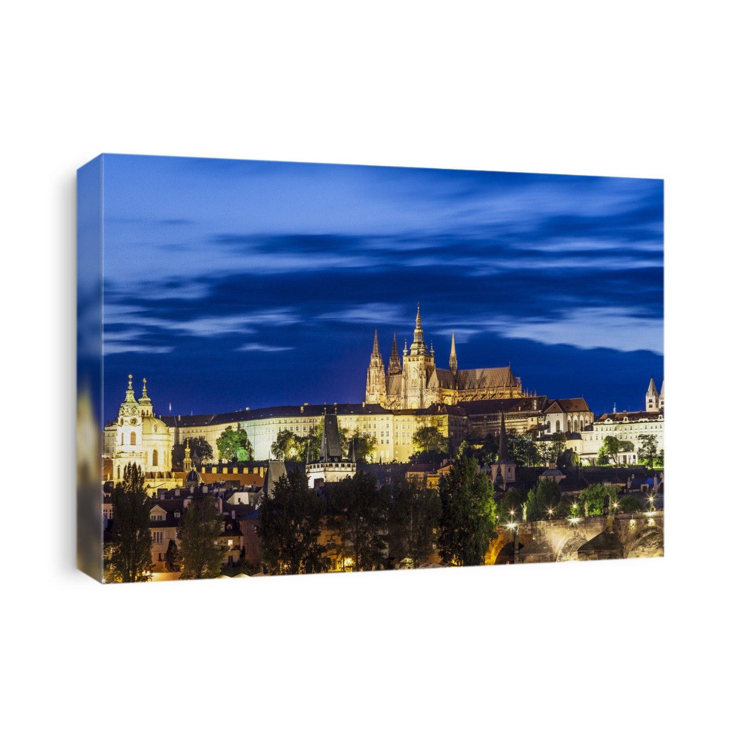 Twilight view of the Castle and St Vitus Cathedral in Prague.