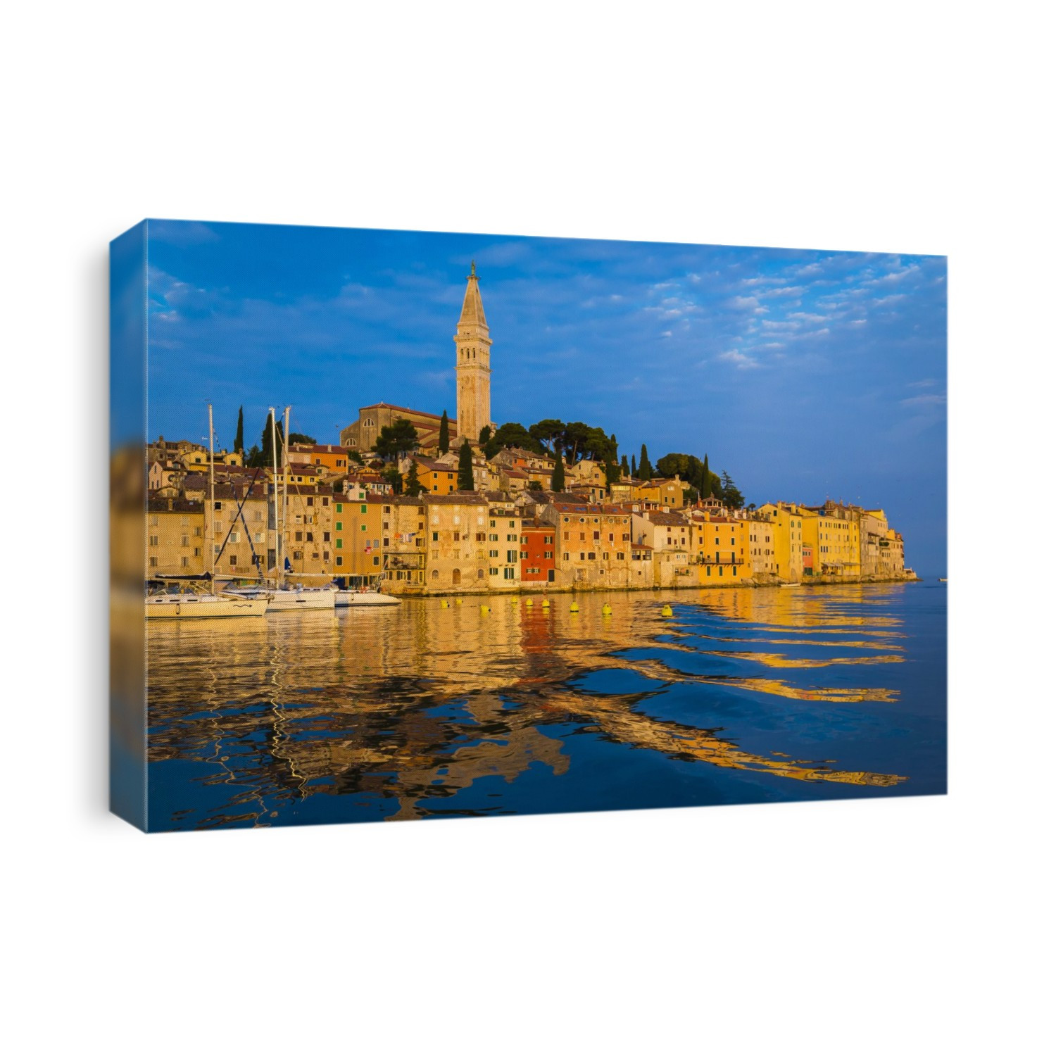 Sun reflecting on the buildings of the fishing port city of Rovinj on the north Adriatic Sea in Istria, Croatia