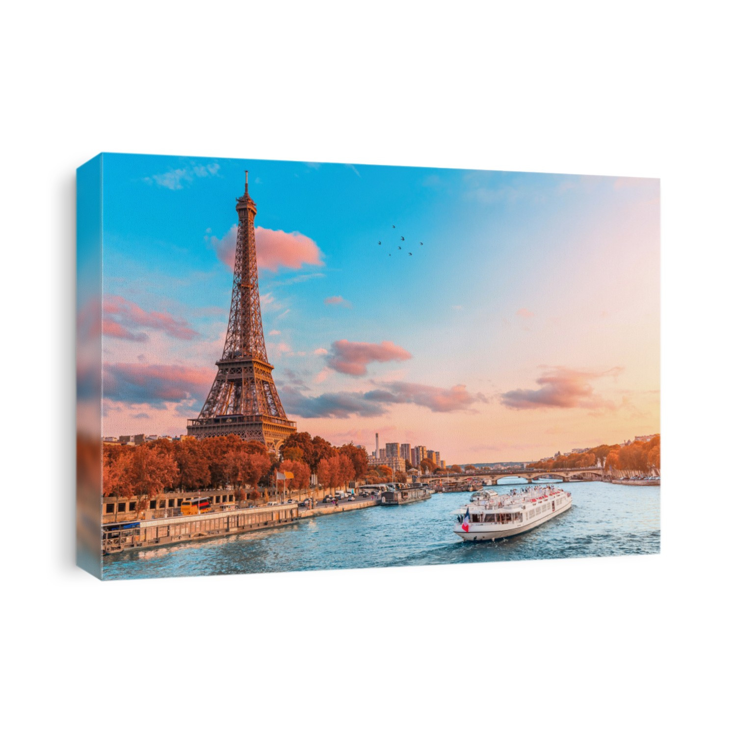 The main attraction of Paris and all of Europe is the Eiffel tower in the rays of the setting sun on the bank of Seine river with cruise tourist ships