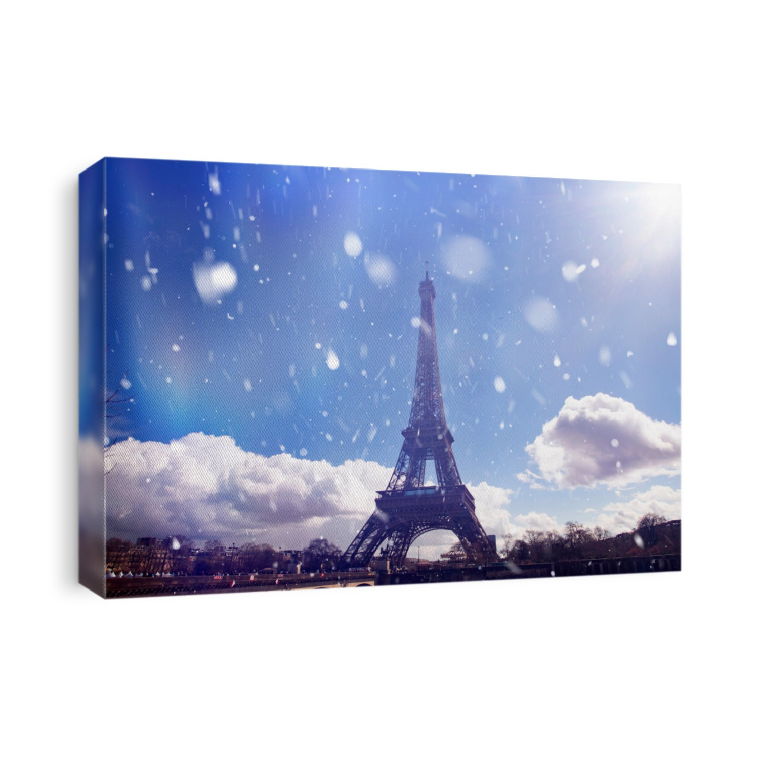 Scenic view to the Eiffel tower on a day with heavy snow. Christmas, holiday in Paris concept.