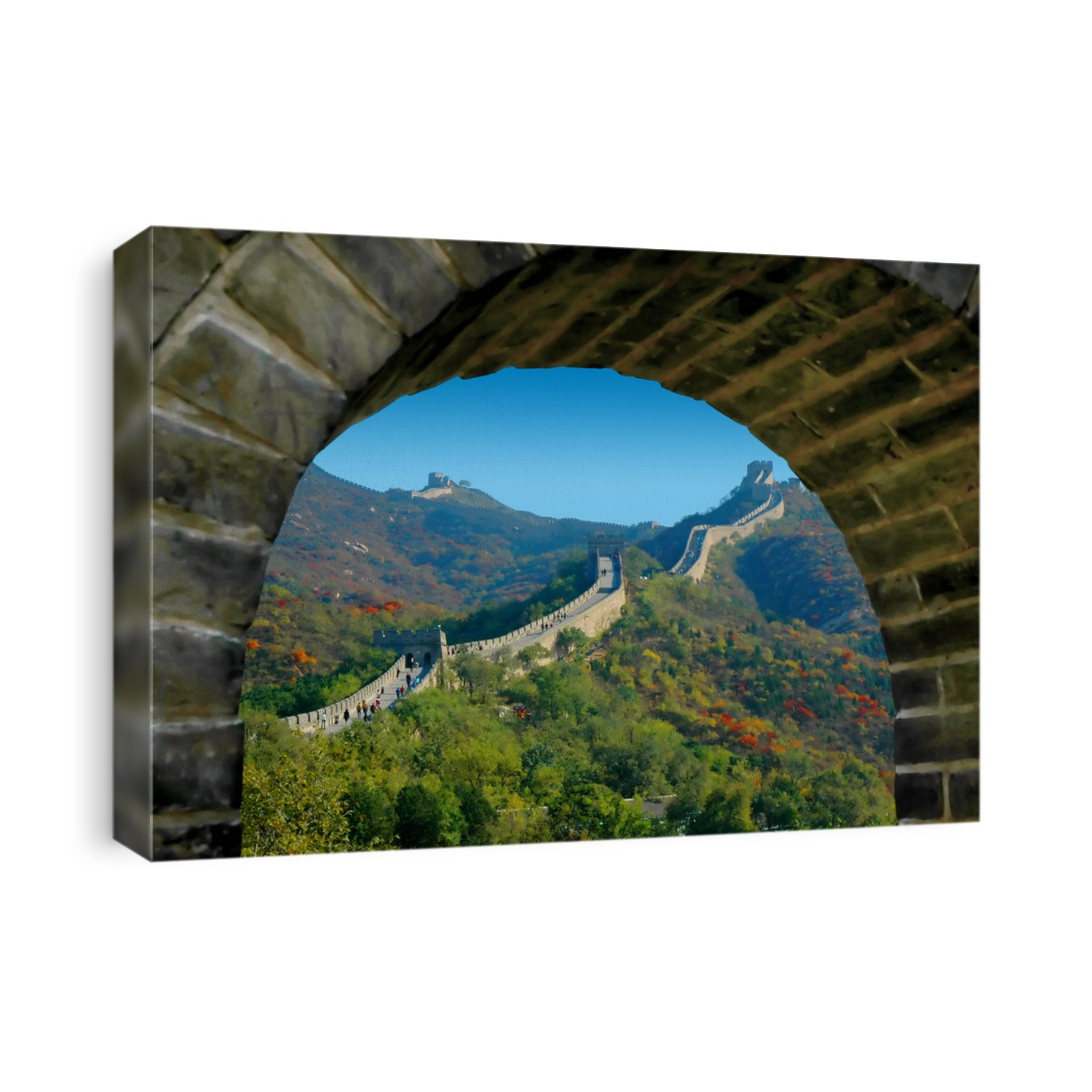 chinese wall in autumn, seen through a brick stone window