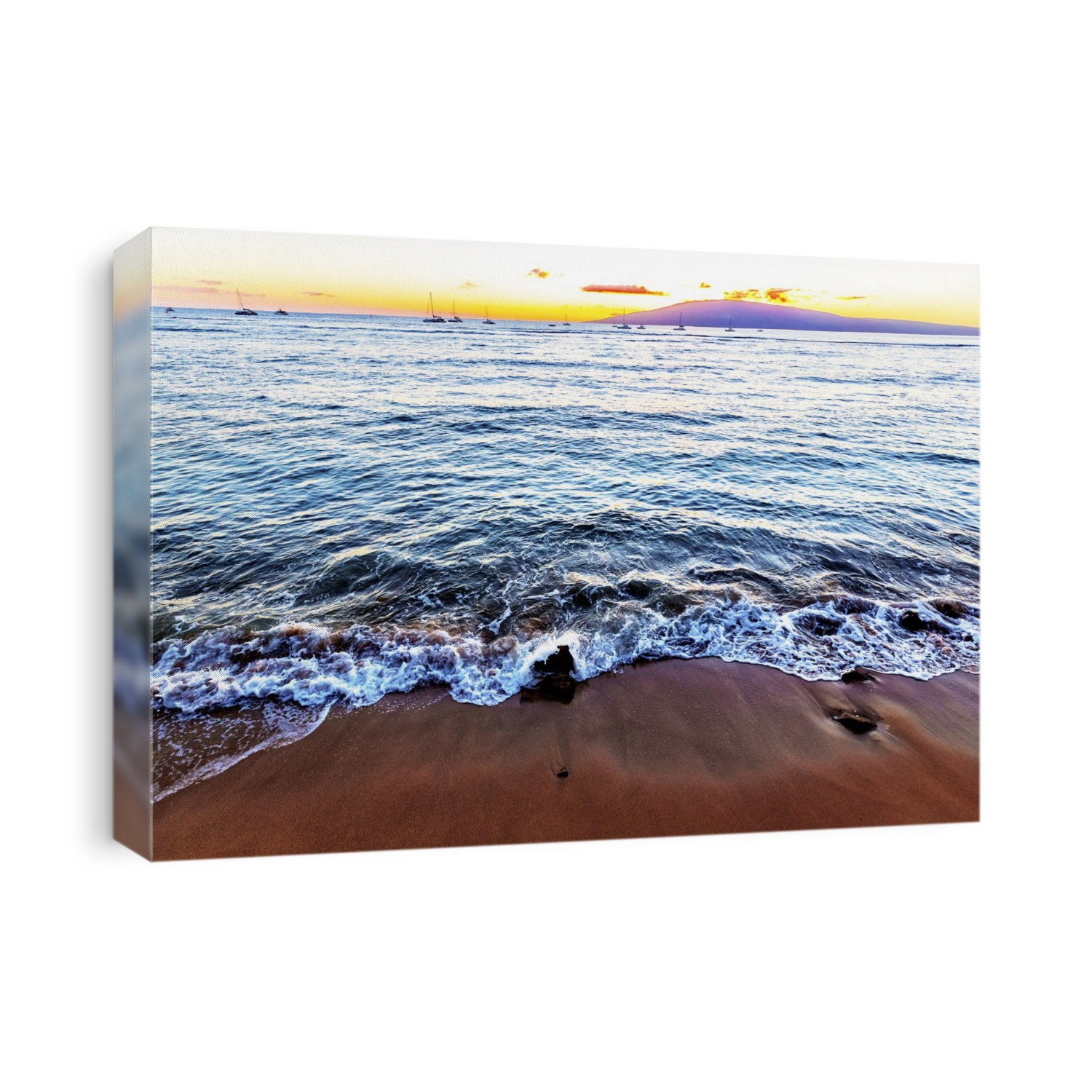 Silhouetted sailboats moored in the tranquil water off the shore at sunset, with a view of the Island of Lanai from a beach at Lahaina; Lahaina, Maui, Hawaii, United States of America
