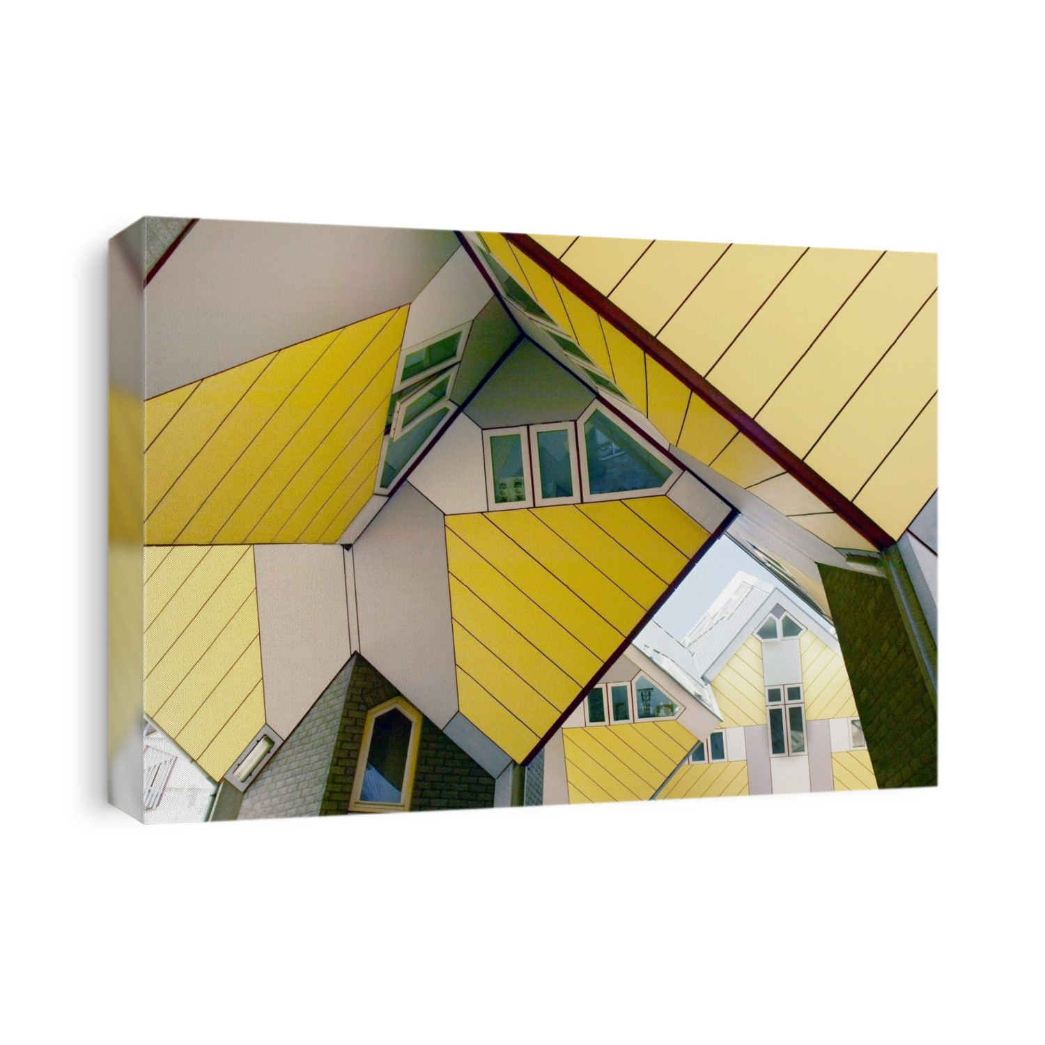 Cube Houses, in Rotterdam, the Netherlands. These houses were designed by the architect Piet Blom in 1984, as an experiment in high-density city living. They are cubes turned 45 degrees and mounted on columns. Nearly a quarter of the living area is unavailable due to the angled ceilings and walls.