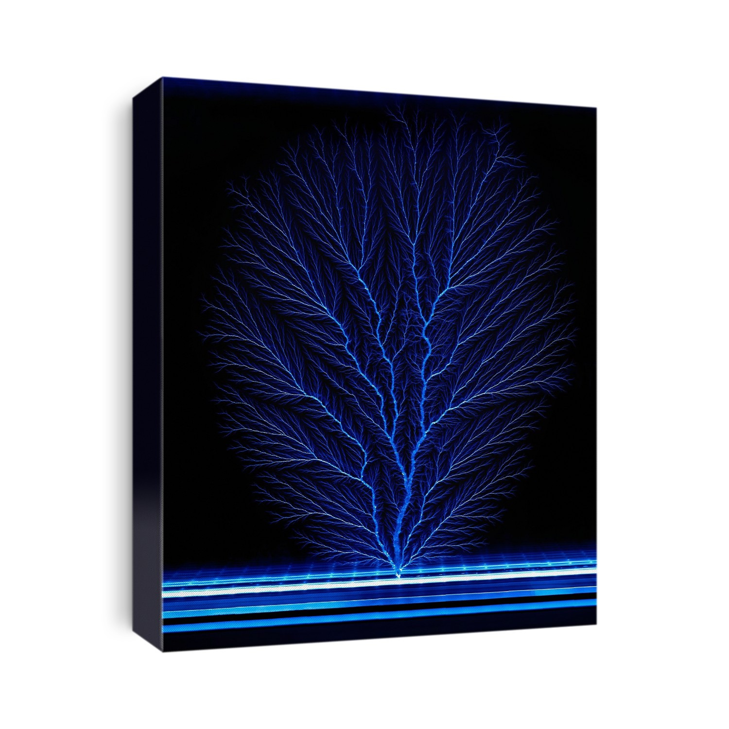 Electron tree. This pattern of branching fractures is produced by liberating a beam of high-energy electrons that has been trapped inside a perspex block. The electron beam is set so that the energy is sufficient for the electrons to imbed in the perspex. Then a small crack is made in the base of the perspex block, and the electrons flow out, leaving behind the fractures seen here. This electron tree has been produced using the electron linear accelerator at the National Physical Laboratory, Teddington, UK.