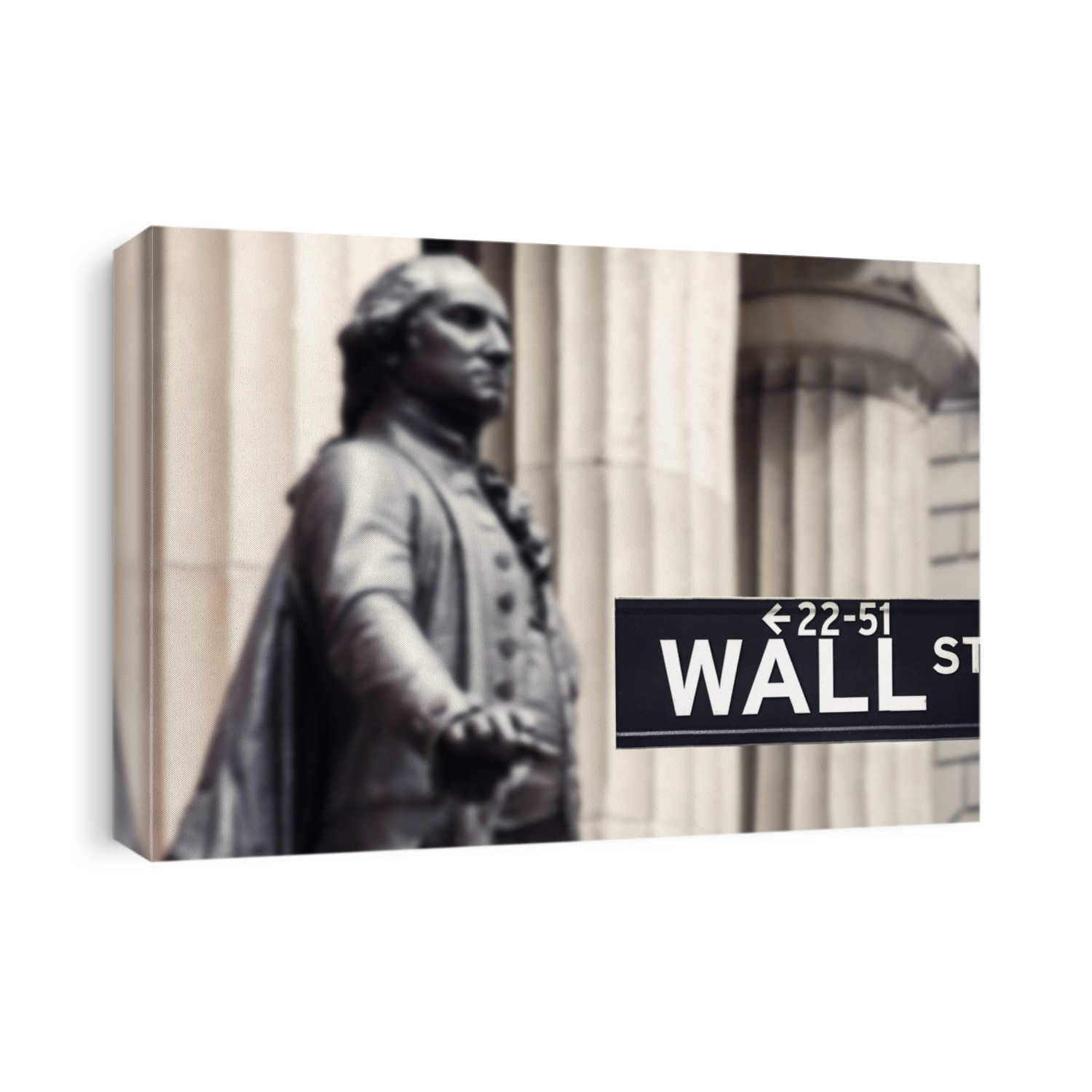 Wall street sign with the statue of George Washington and the Federal Hall in New York City
