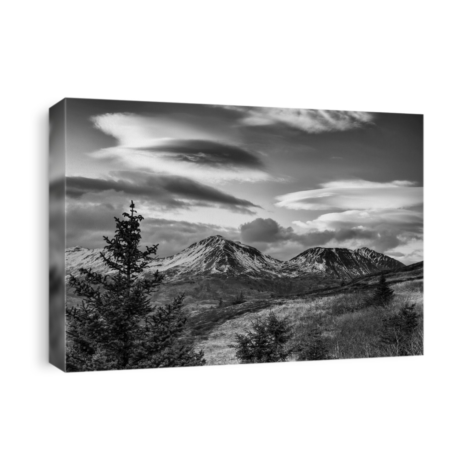 Black And White Photo Of Lenticular Clouds Over The Three Sisters Mountains, Kodiak Island, Southwest Alaska