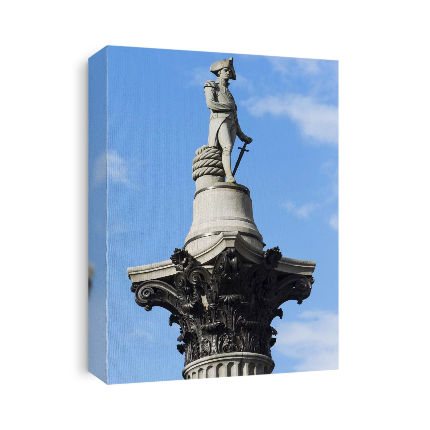 Nelson's Column statue. Nelson's Column was built to commemorate the death of Admiral Horatio Nelson at the Battle of Trafalgar in 1805. It was designed by the architect William Railton in 1838 and was built between 1840 and 1843. The statue of Lord Nelson (5.5 metres tall) was sculpted from sandstone by Edward Hodges Baily. The Corinthian capital elements below are made from bronze. The entire monument is 53 metres tall. Photographed on 13 August 2014.