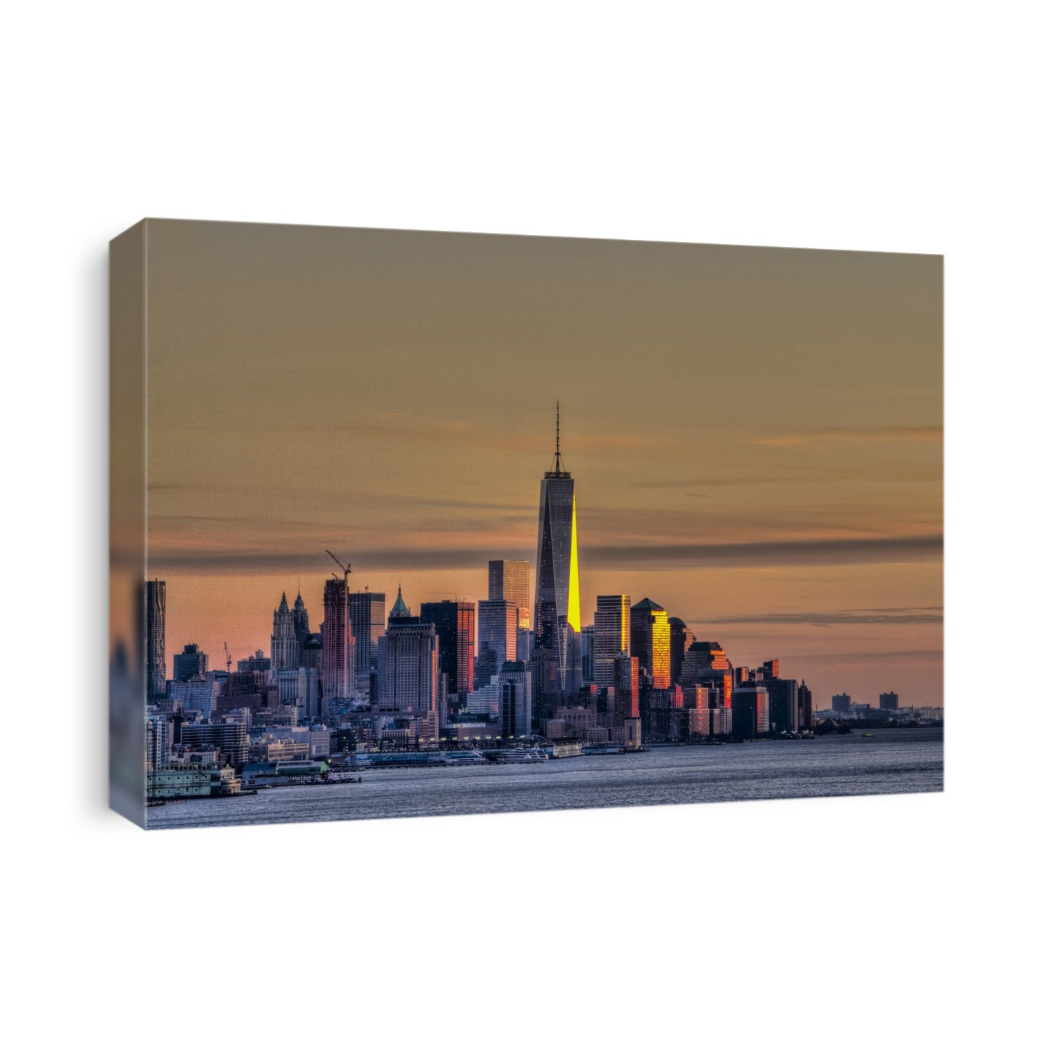 Sunset Over Lower Manhattan And The World Trade Centre; New York City, New York, United States Of America