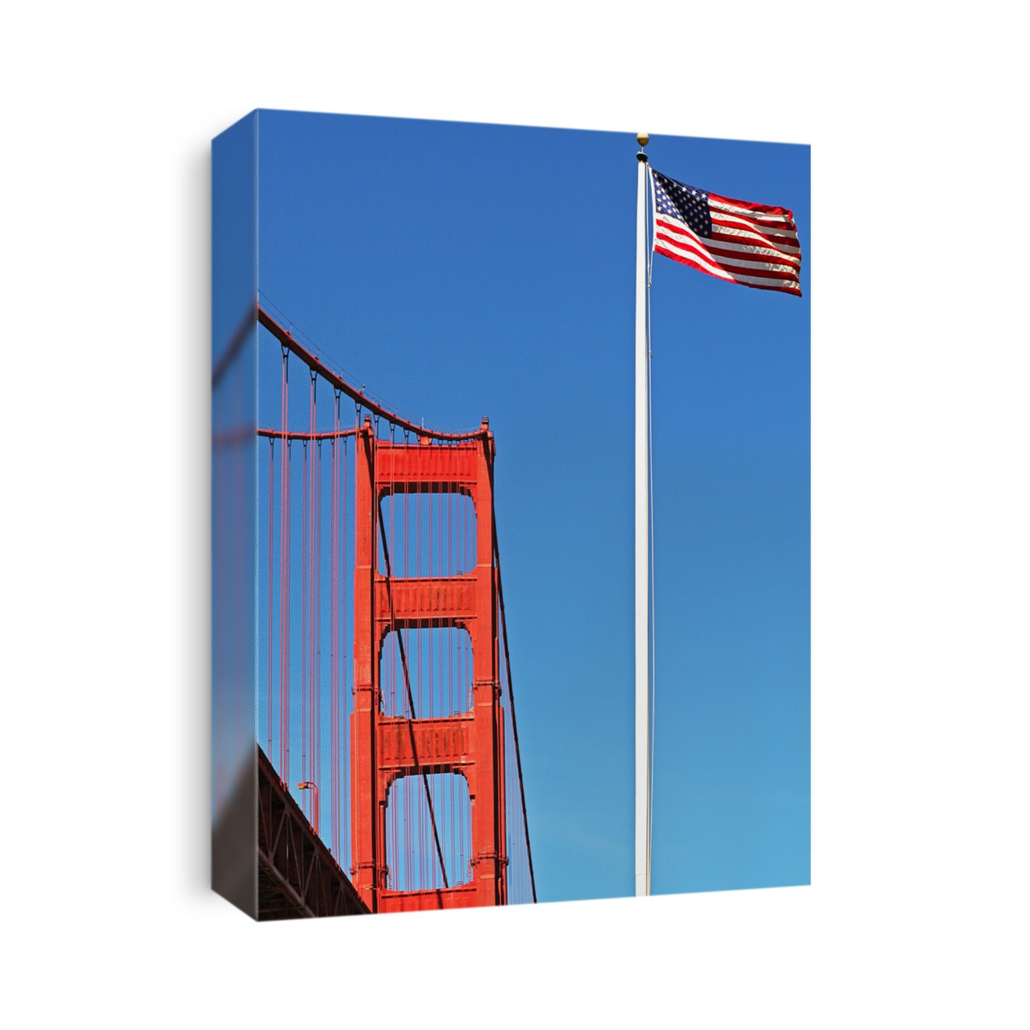 Vertical oriented image of American National flag waiving on the wind and fragment of famous Golden Gate Bridge in San Francisco, USA.