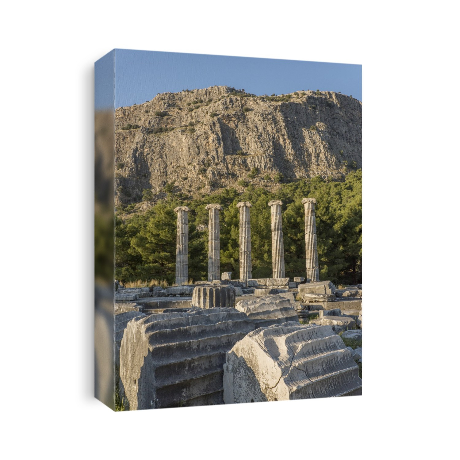 Priene was an ancient Greek city of Ionia in Aydin Provence, Turkey. The Temple of Athena was funded by Alexander the Great and built at the foot of an escarpment of Mount Mycale. The five columns were erected in 1965-66 from rubble and are 3 metres (9.8ft) short of the calculated original height. Priene possessed a great deal of famous Hellenistic art and architecture. The city's original position on Mount Mycale has never actually been discovered, and is believed to have had 2 harbours. Priene never held a great deal of political importance due to it's size of only around 4-5 thousand inhabitants.