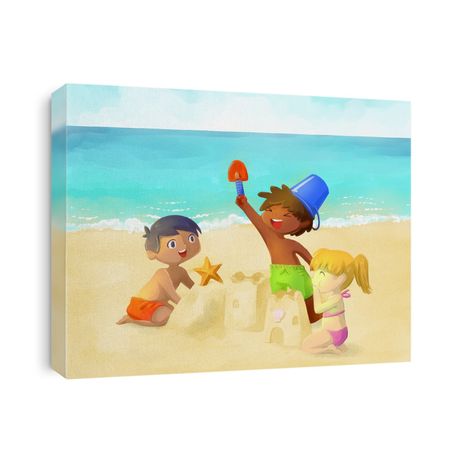 Illustration of playful children building sand castle on beach.