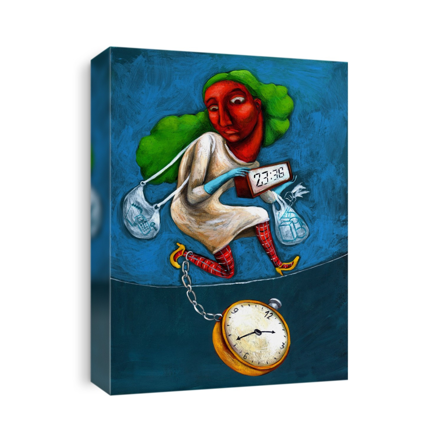Illustration of businesswoman with clocks running for shopping over coloured background.