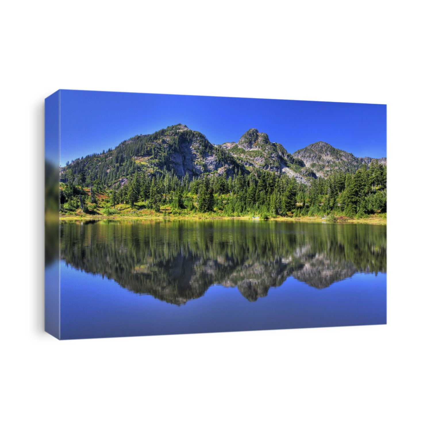 Mirror image of mountains and bright blue sky reflected in a lake, Mount Baker National Recreation Area; Washington, United States of America