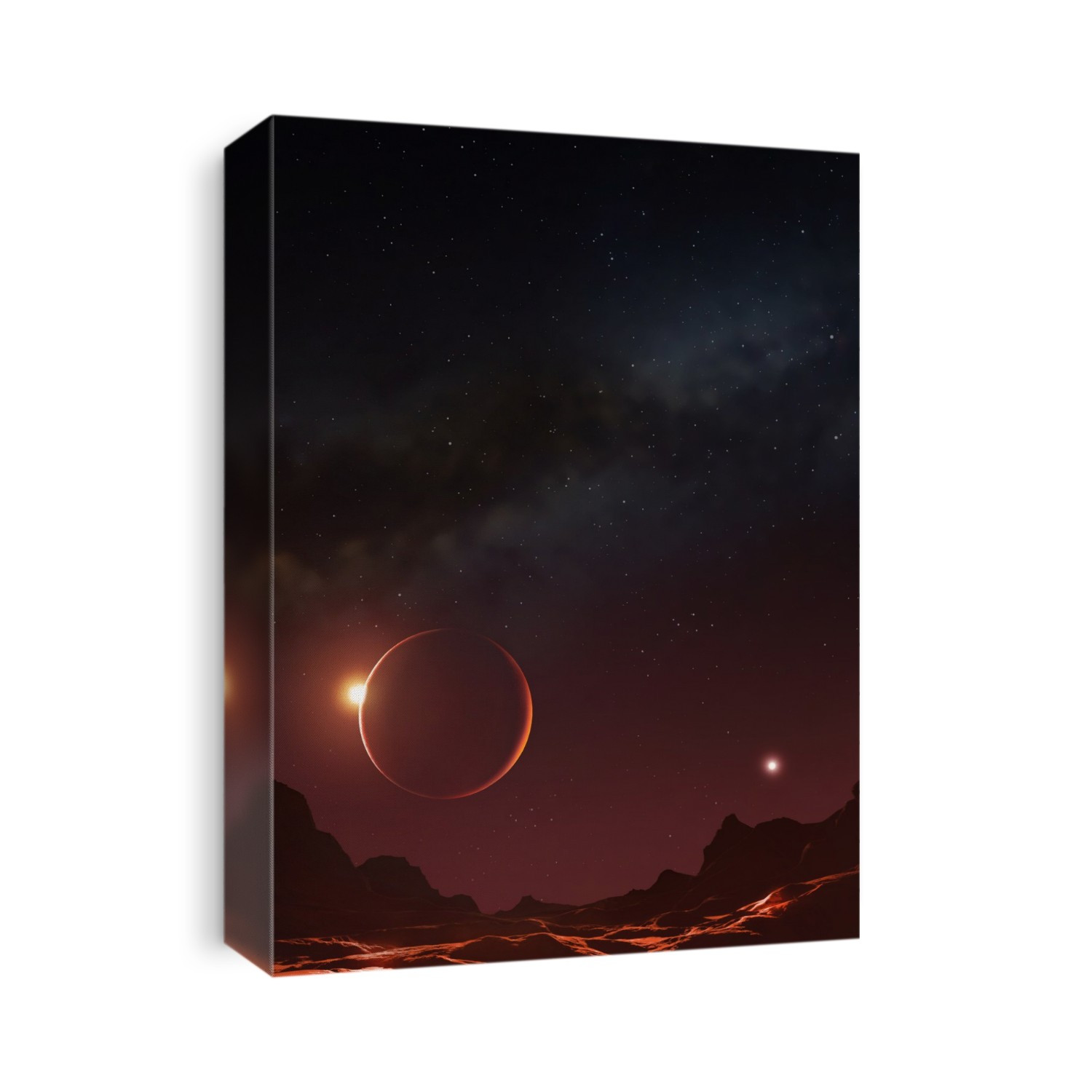 Kepler 16 is a binary star system with an M-type dwarf star and a K-type star orbiting their centre of mass with 0.22 astronomical units of separation. A planet has been detected orbiting both of them as if they were one. The planet, Kepler 16b, is a gas giant about one-third of the mass of Jupiter and about three-quarters of its radius. It orbits the binary star at a distance of 0.78 AU, taking 228 days to complete one revolution. This artist’s impression imagines the view from a moon orbiting the gas planet. In the sky, and other moon can be seen, a double crescent lit by the two stars of the binary system.