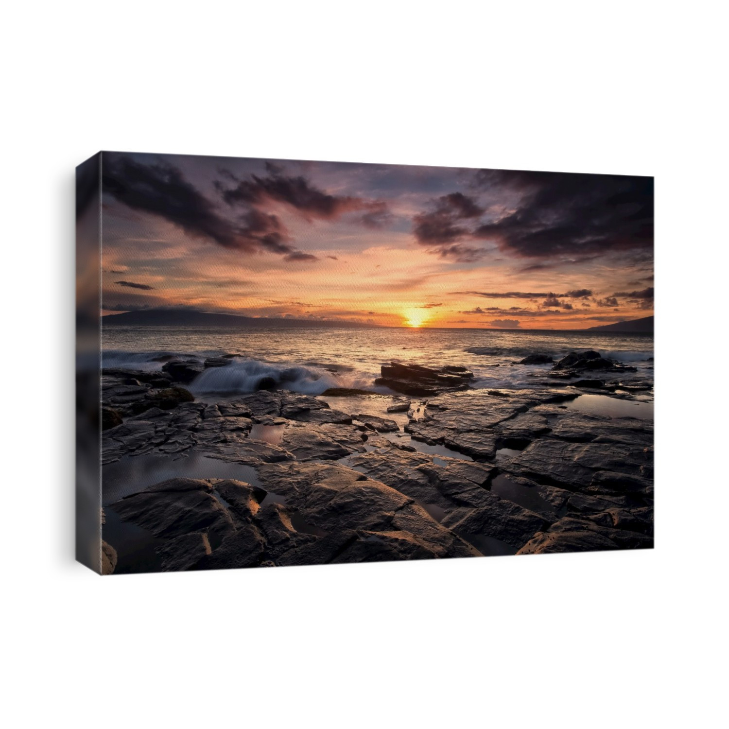 Sunset Over The Ocean With Wet Black Rock Along The Shore; Hawaii, United States Of America