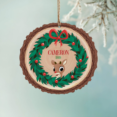 Rudolph® Christmas Wreath Rustic Wood Ornament