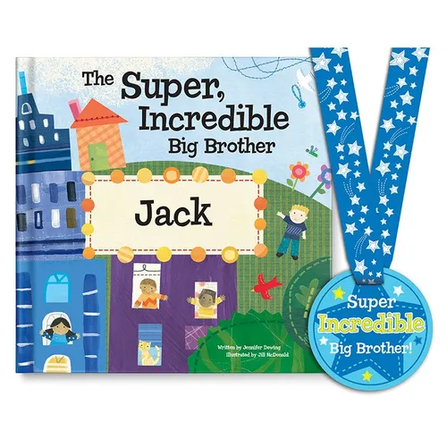 The Super, Incredible Big Brother of Twins Personalized Book and Medal