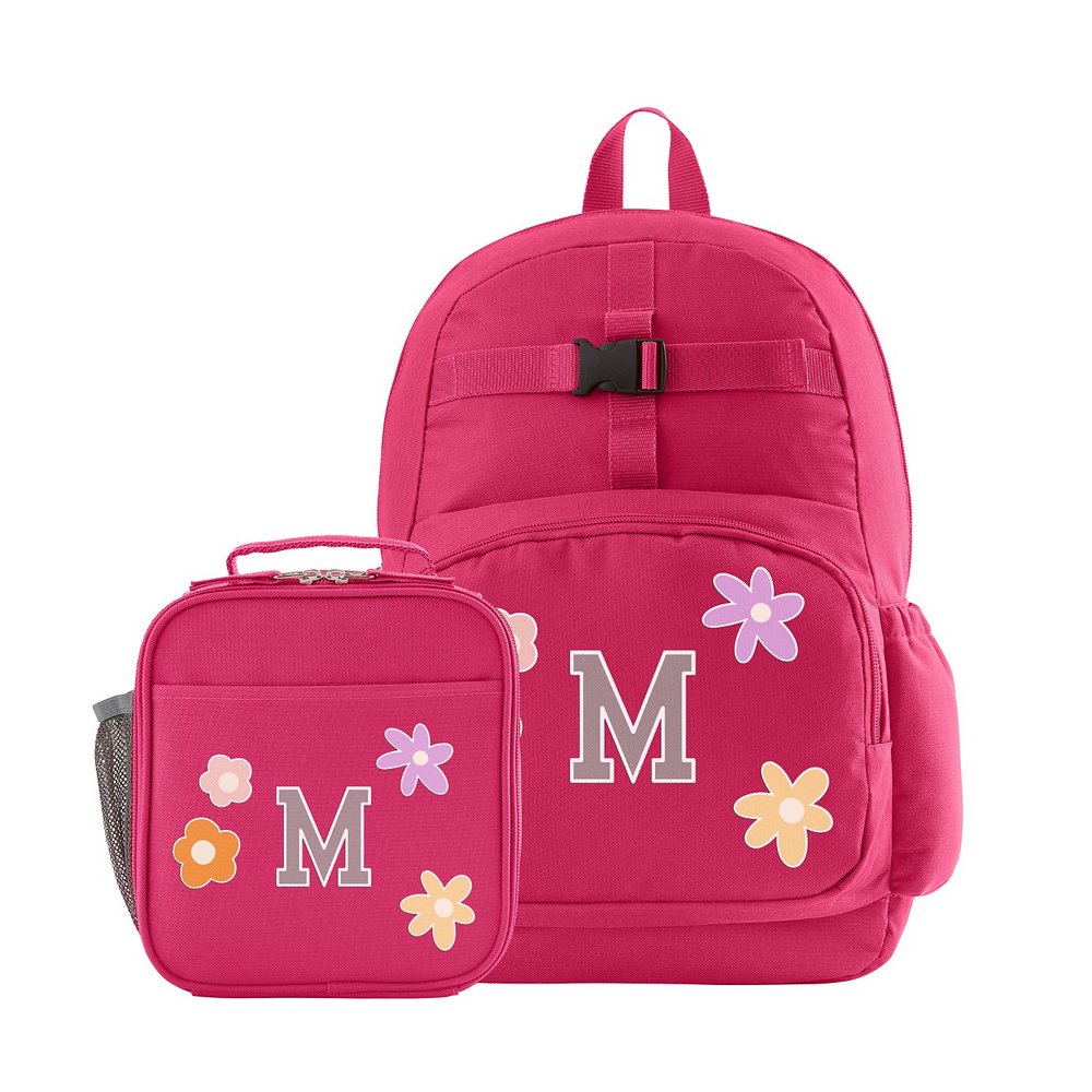 Decal + Monogram Pink Backpack + Lunch Box - Flowers - Gray