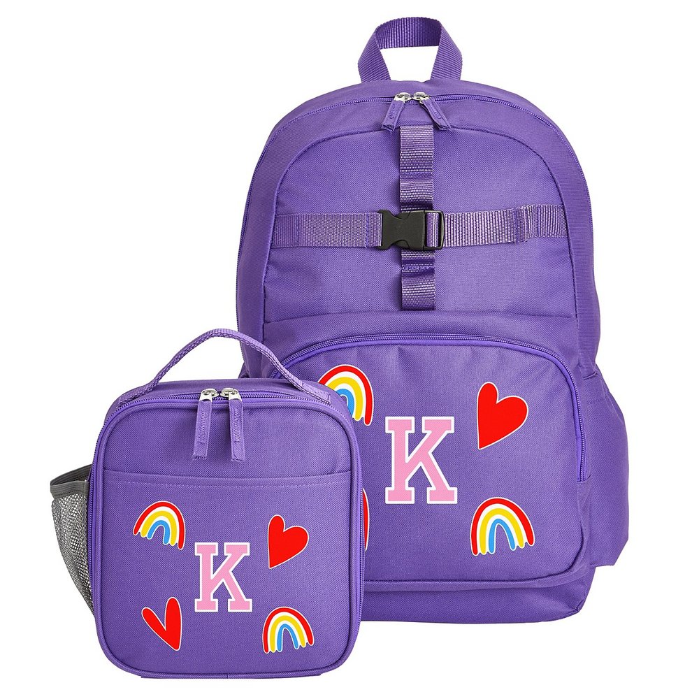 Decal + Monogram Purple Backpack + Lunch Box - Hearts & Rainbow - Pink