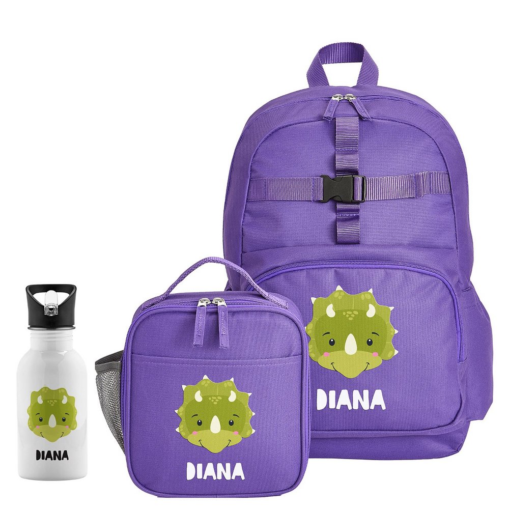 Cheerful Animals Backpack + Lunch Box + Water Bottle - Purple - Dinosaur