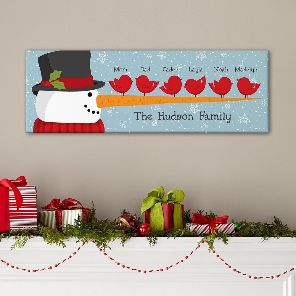 Cheery Snowman Bird Family Canvas