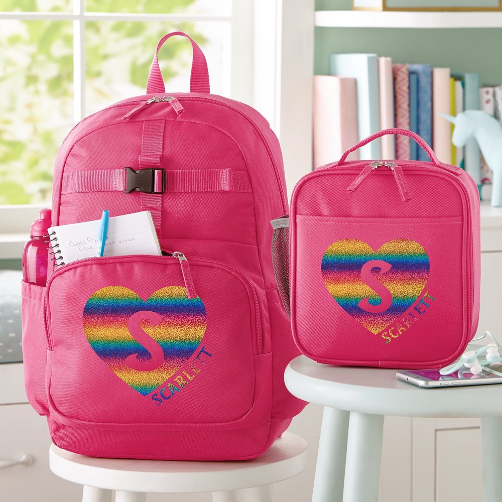Sparkling Rainbow Heart Initial & Name Personalized Pink Backpack Set