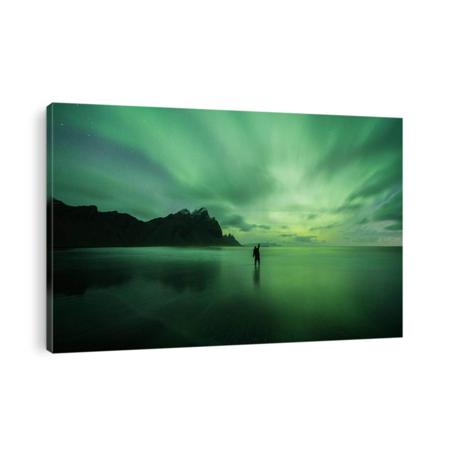 Aurora Borealis (Northern Lights) above Stokksnes Beach and Vestrahorn Mountains, Iceland
