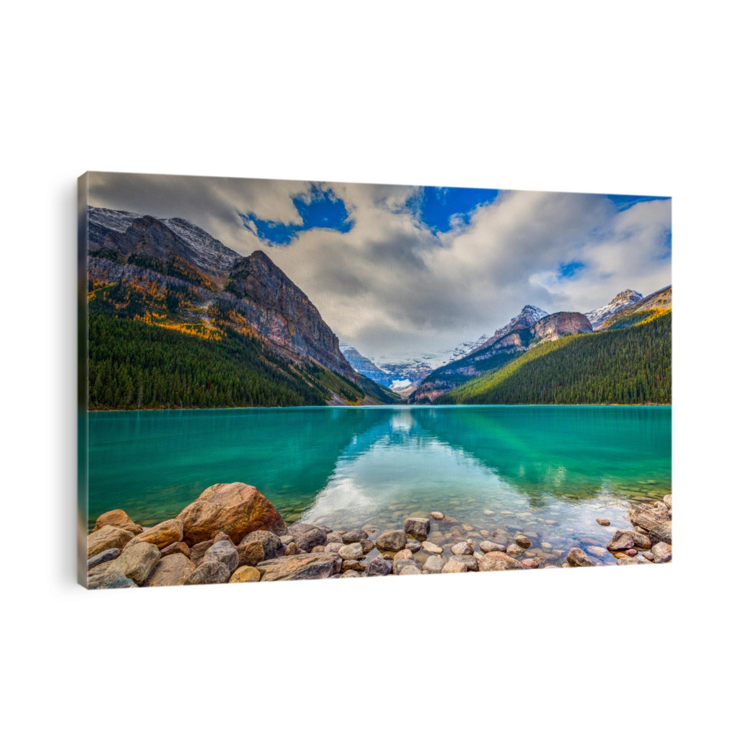 Beautiful autumn views of iconic Lake Louise in Banff National Park in the Rocky Mountains of Alberta Canada