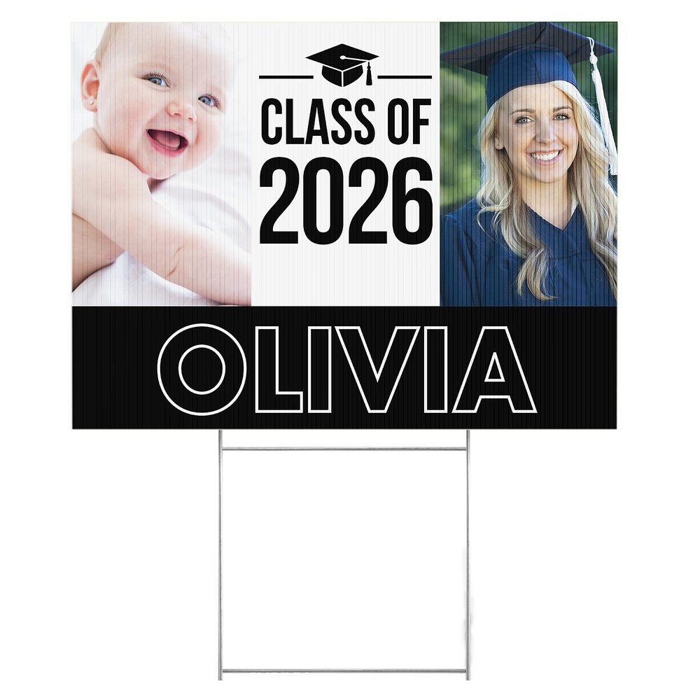 Way To Grow! Graduation Photo 1 Sided Yard Sign - Black
