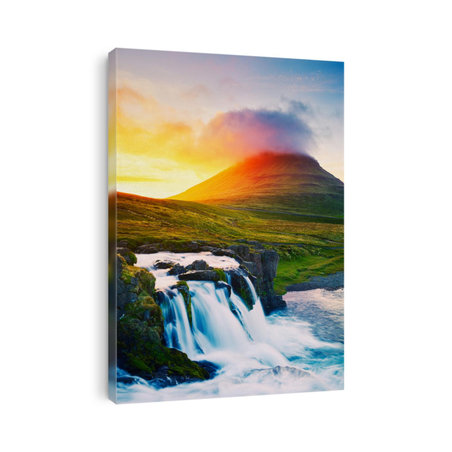 Sunset Waterfall. Amazing Nature Landscape.