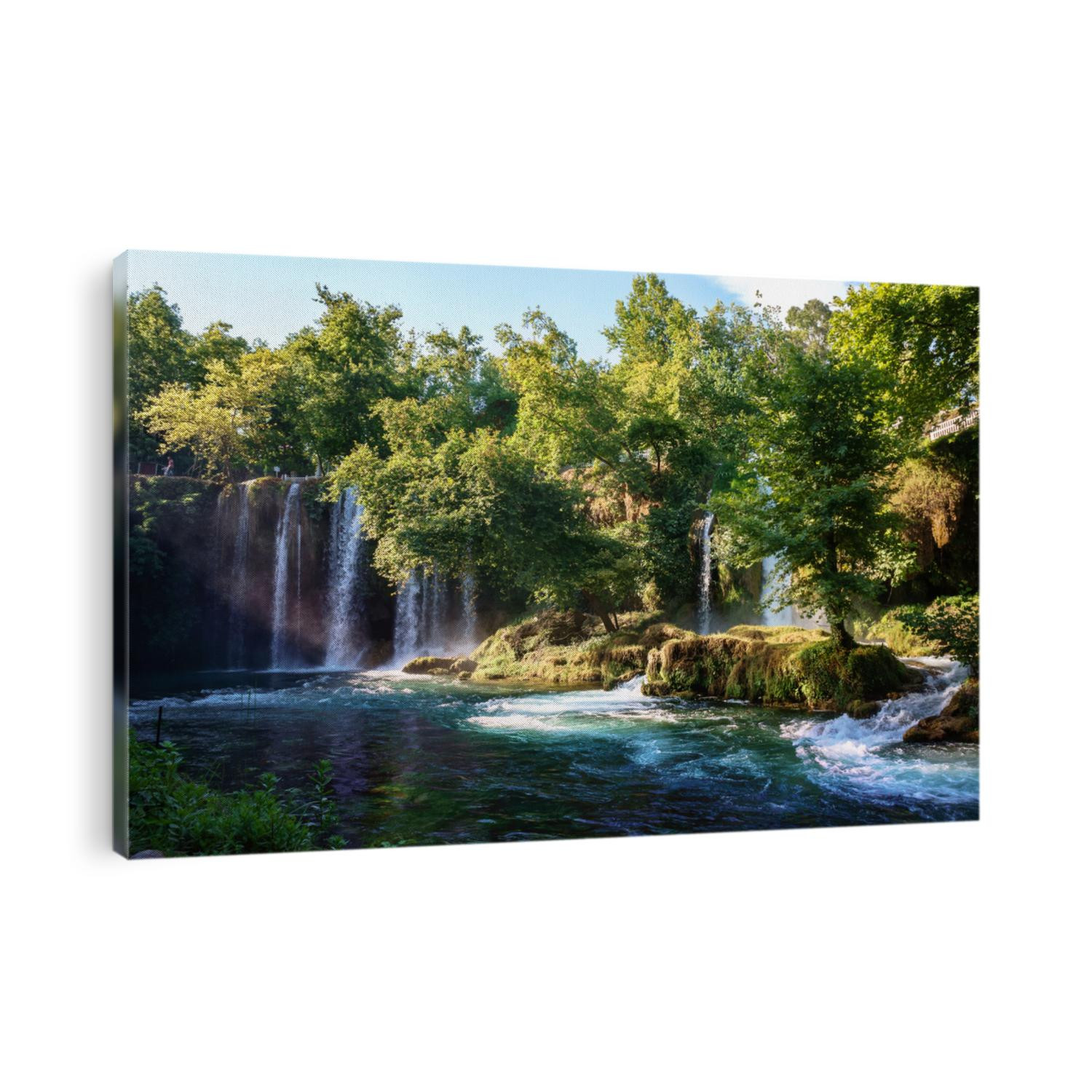 Duden waterfall Antalya Turkey. Summer wild nature with green trees. Panoramic view on Duden Waterfall. Outdoor forest waterfall. Turkey nature landscape. Waterfall forest nature. Antalya natural park