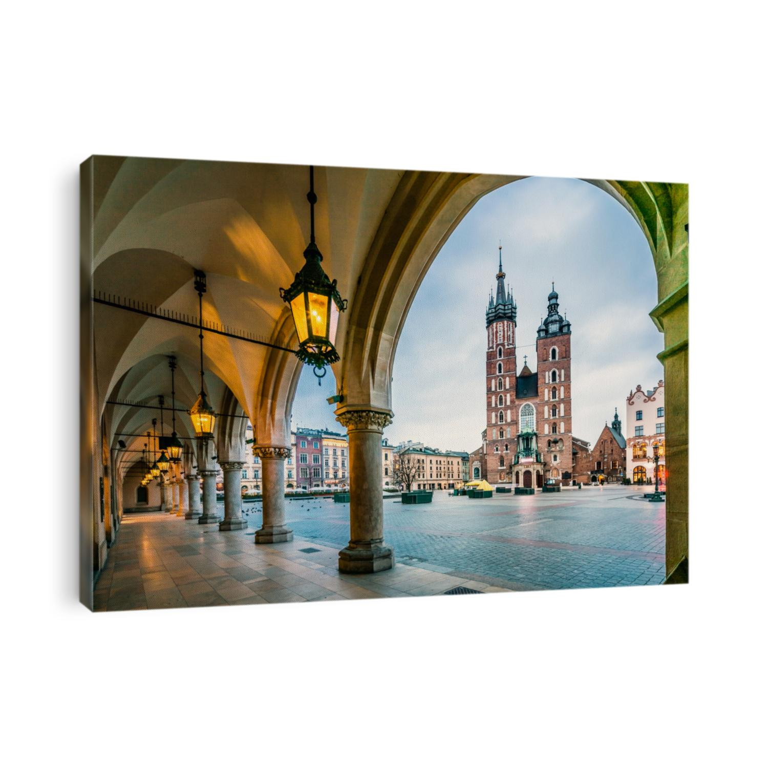 Beautiful Krakow market square, Poland, Europe. Faded colors.