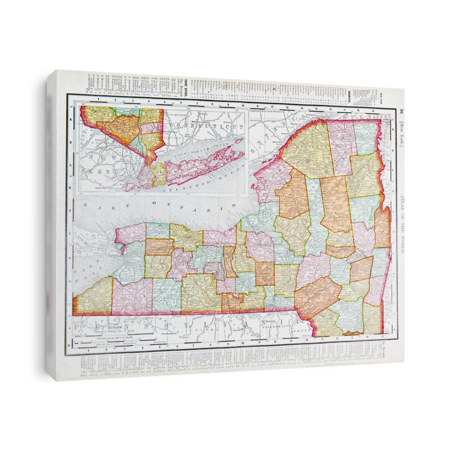 A map of New York State, USA from Spofford's Atlas of the World, printed in the United States in 1900, created by Rand McNally & Co.