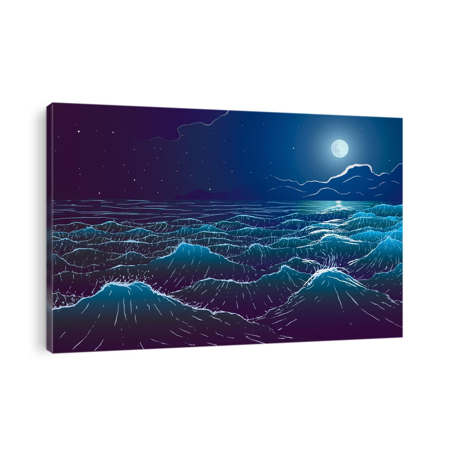 Vector large ocean waves and full moon at night