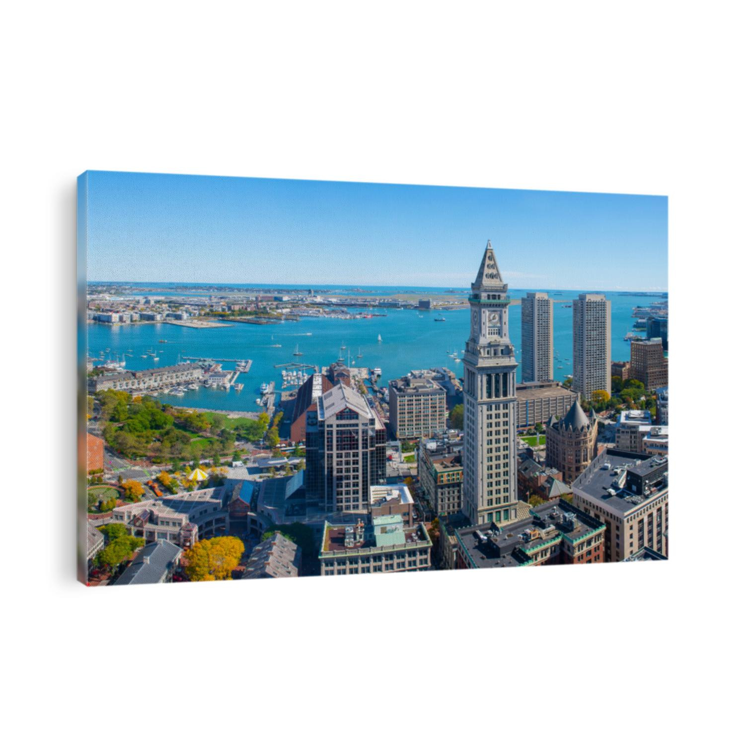 Boston Custom House and harbor waterfront aerial view panorama, Boston, Massachusetts, MA, USA.