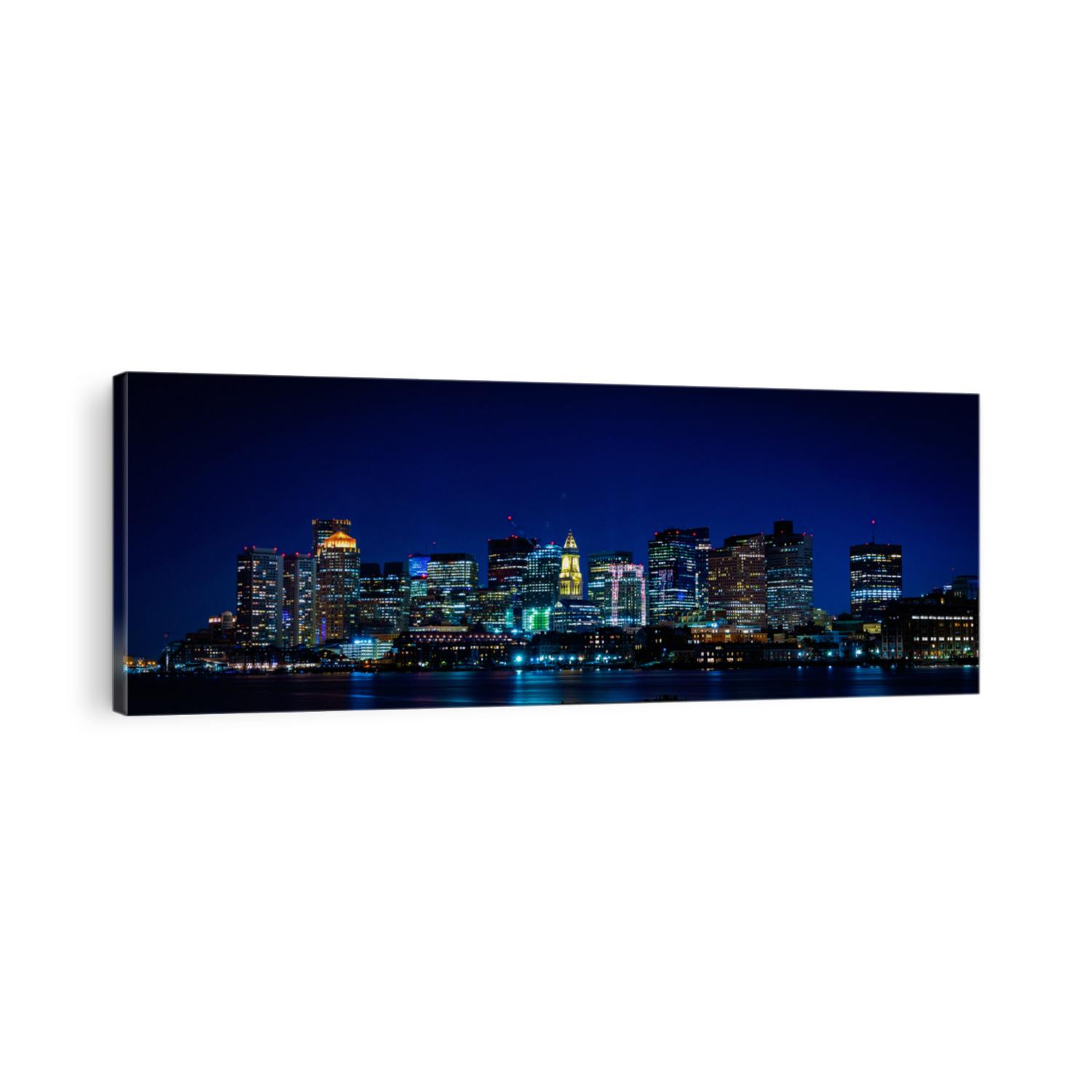 Panoramic Night Cityscape Boston Skyline over Boston Harbor