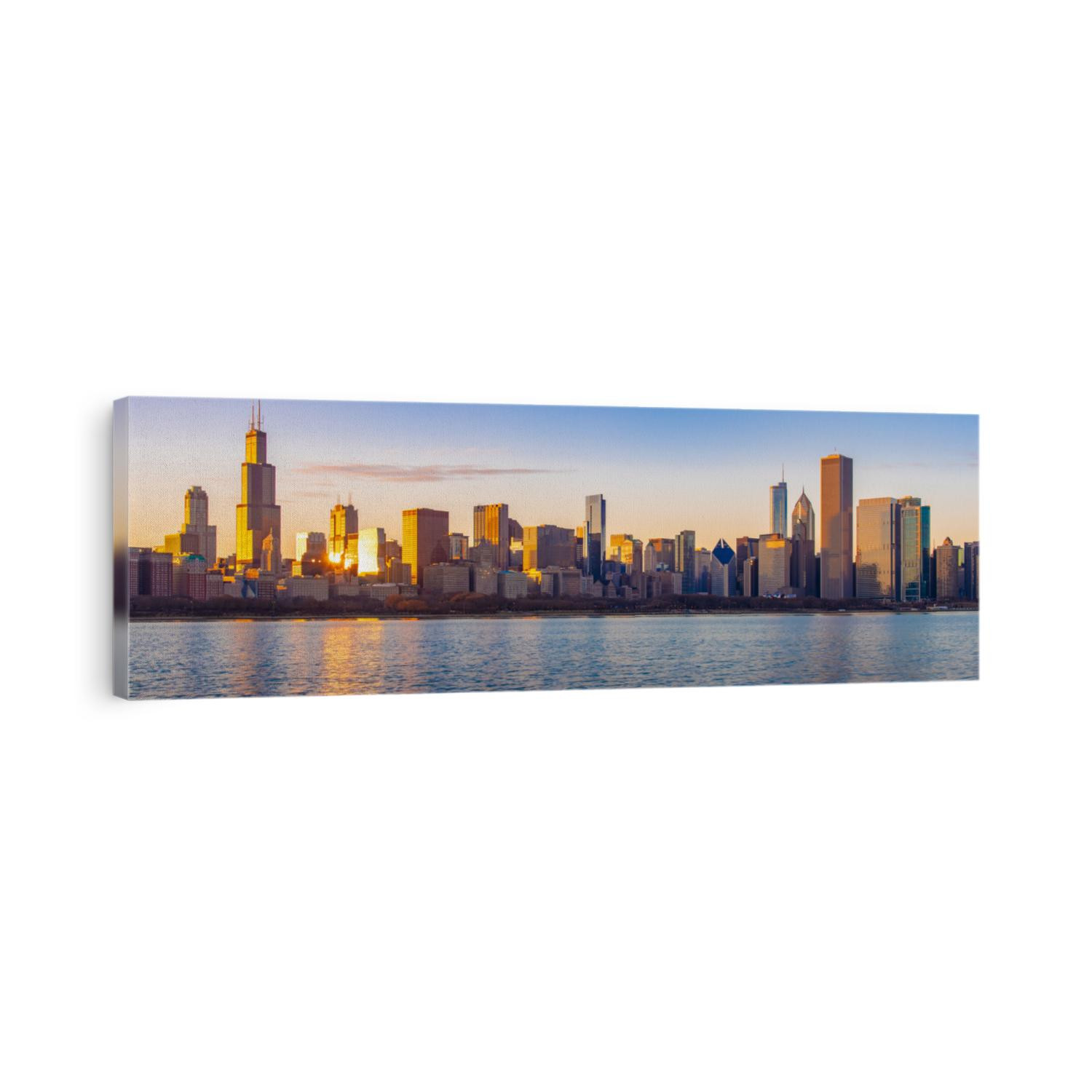 Chicago downtown skyline sunset Lake Michigan with most Iconic building from Adler Planetarium, Illinois, USA