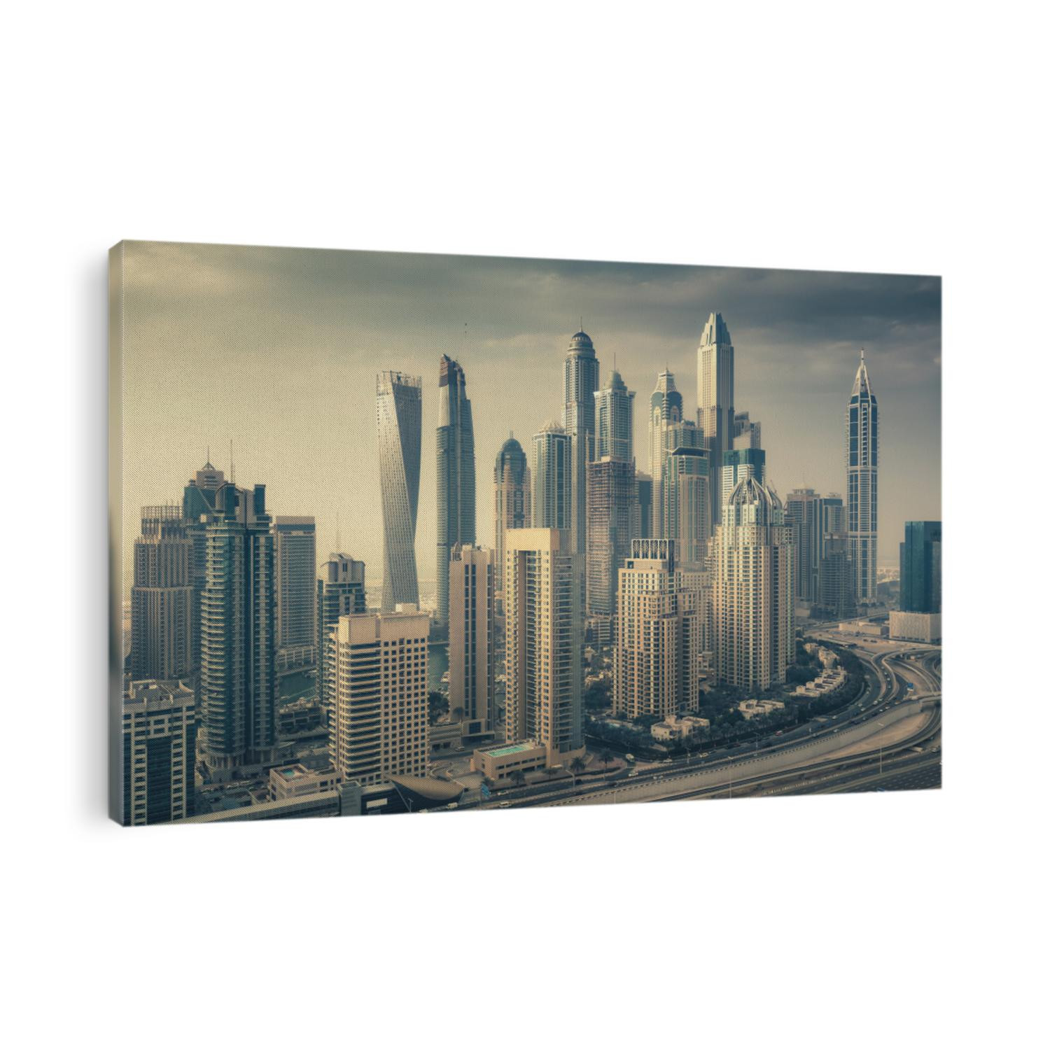 Aerial daytime skyline of Dubai Marina, UAE, with skyscrapers in the distance. Scenic travel background.