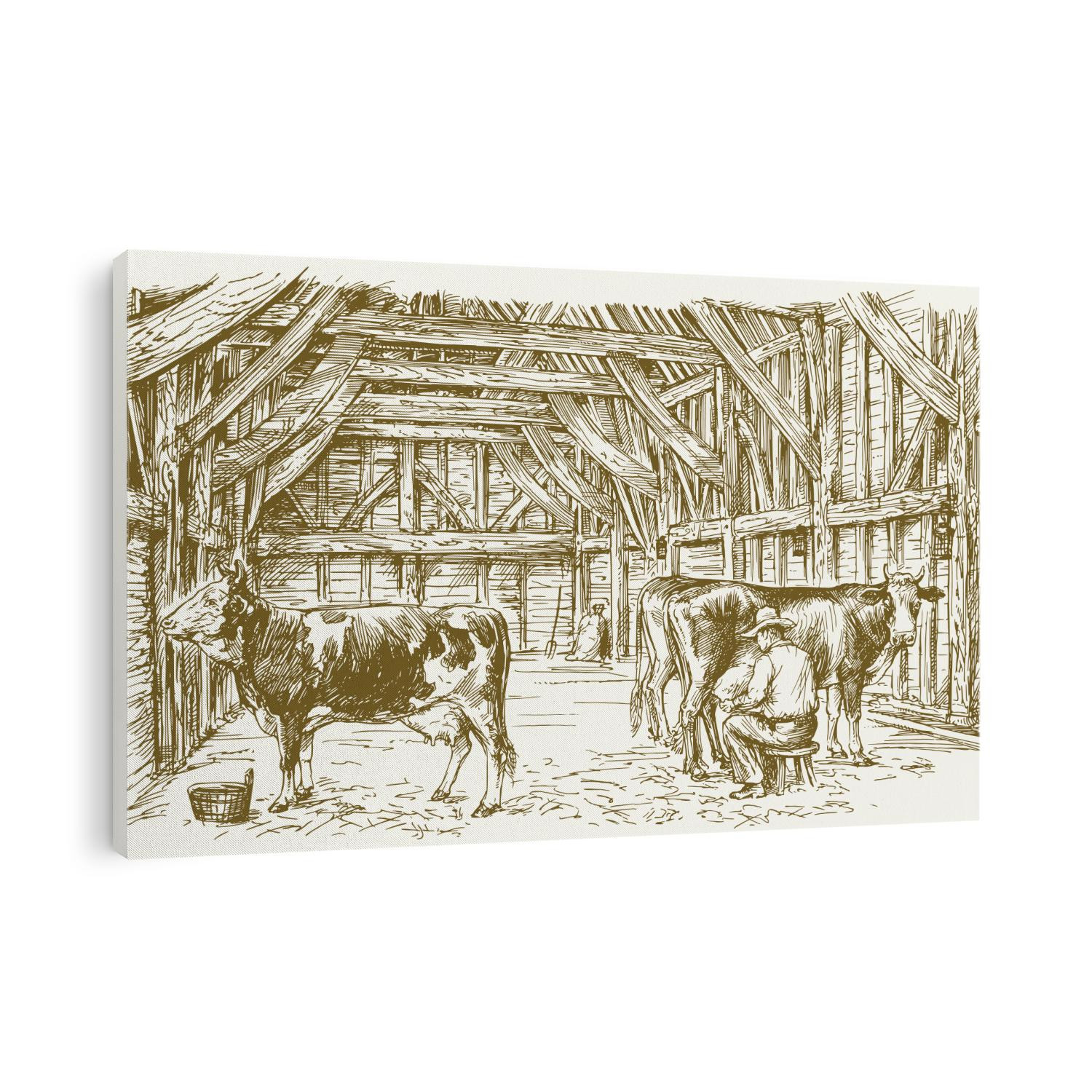 Cows inside a barn. Milking the cows. Vector illustration.