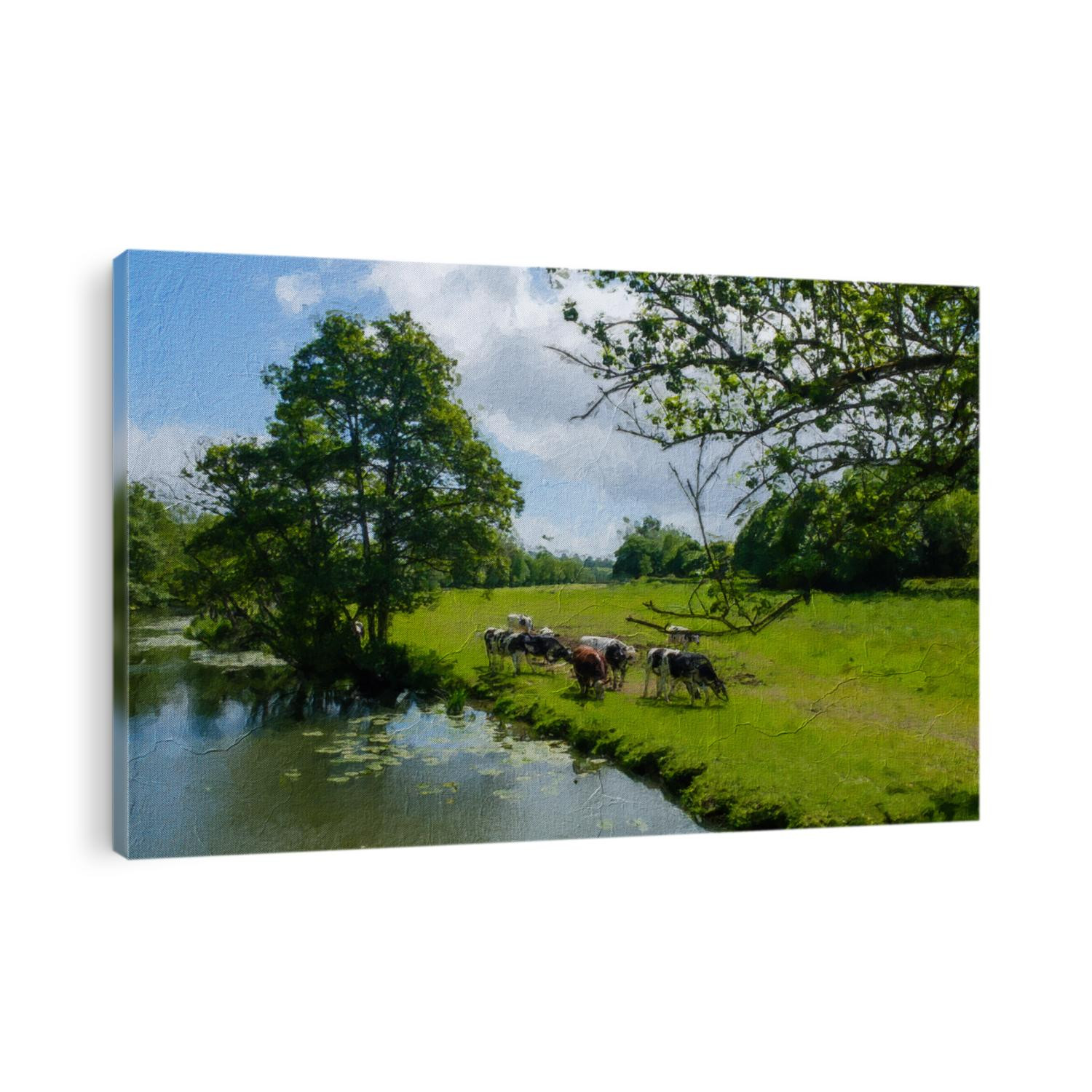 Oil painting of the English countryside in Summer with dairy cows eating in the shade of a tree