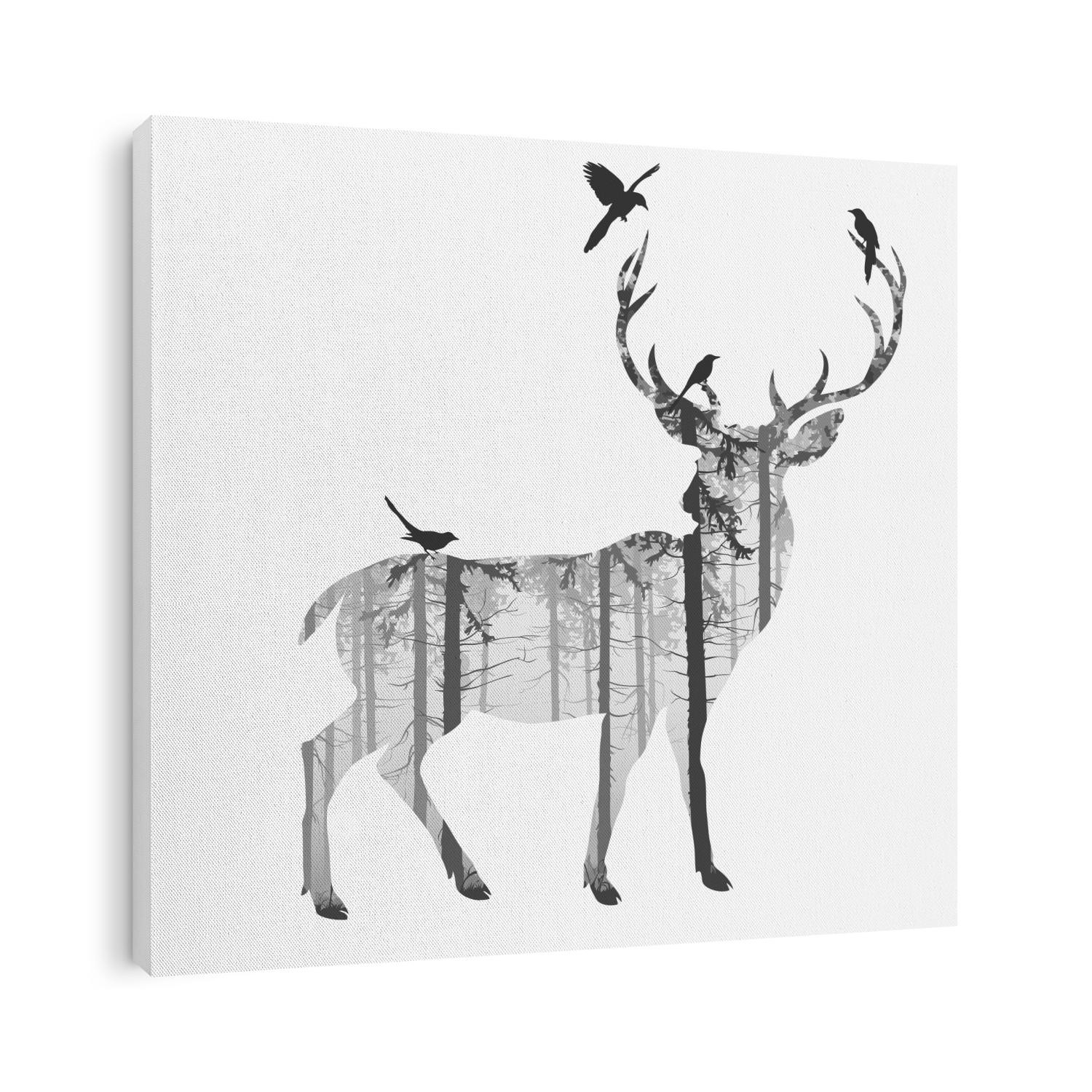 silhouette of a deer with pine forest and birds, black and white colors, white background, vector illustration