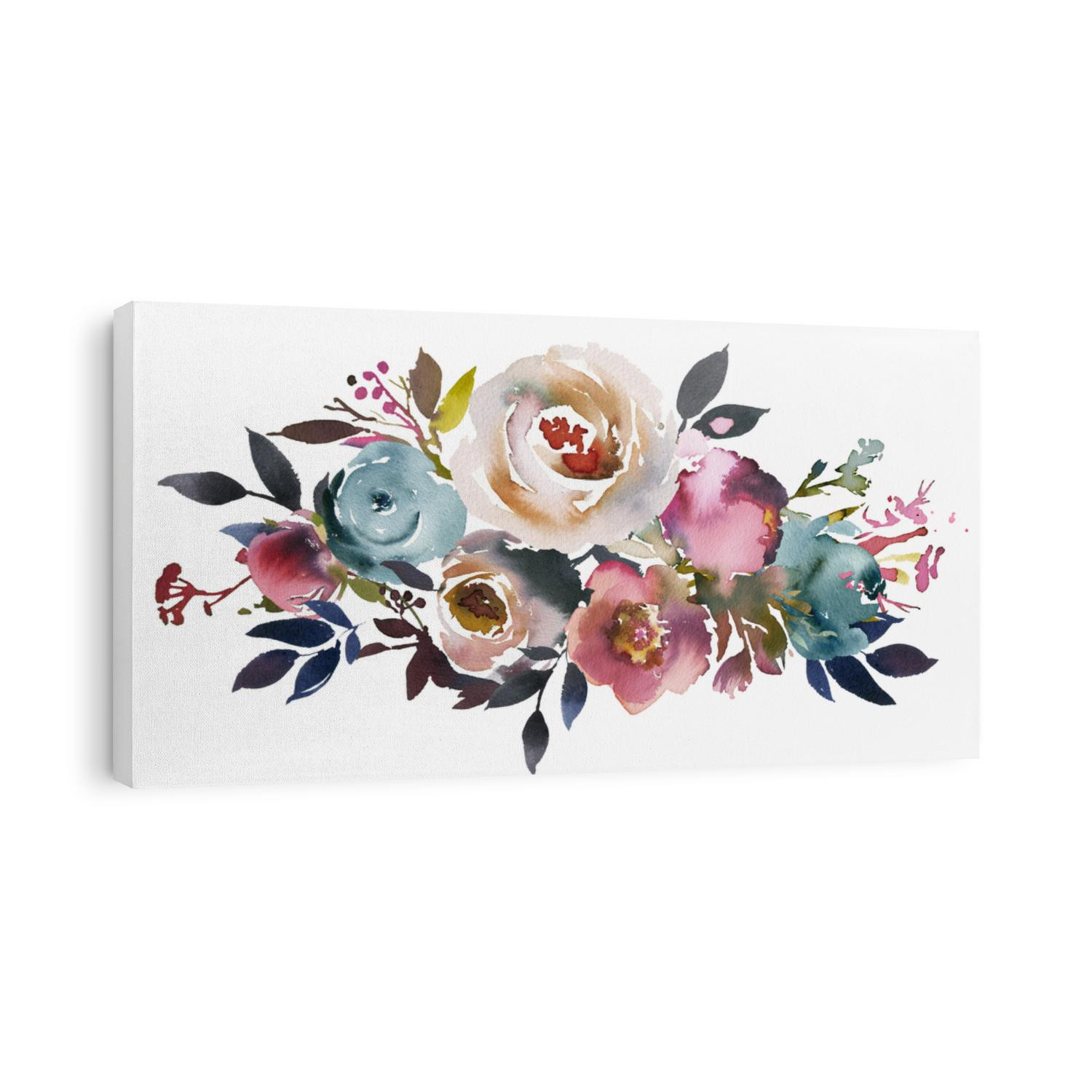 Dusk Blue Pale Pink Gray White Watercolor Floral Landscape Bouquet.