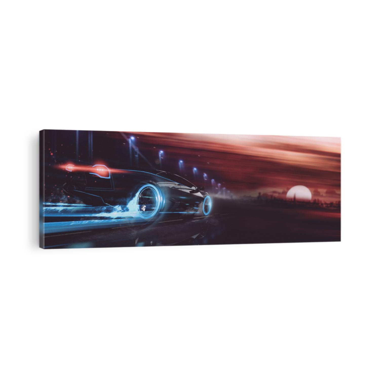 High speed, sports car racing towards city sunset - futuristic concept (with grunge overlay) generic and brandless - 3d illustration