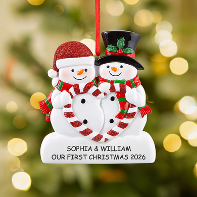 Peppermint Heart Snowman Personalized Couple Ornament
