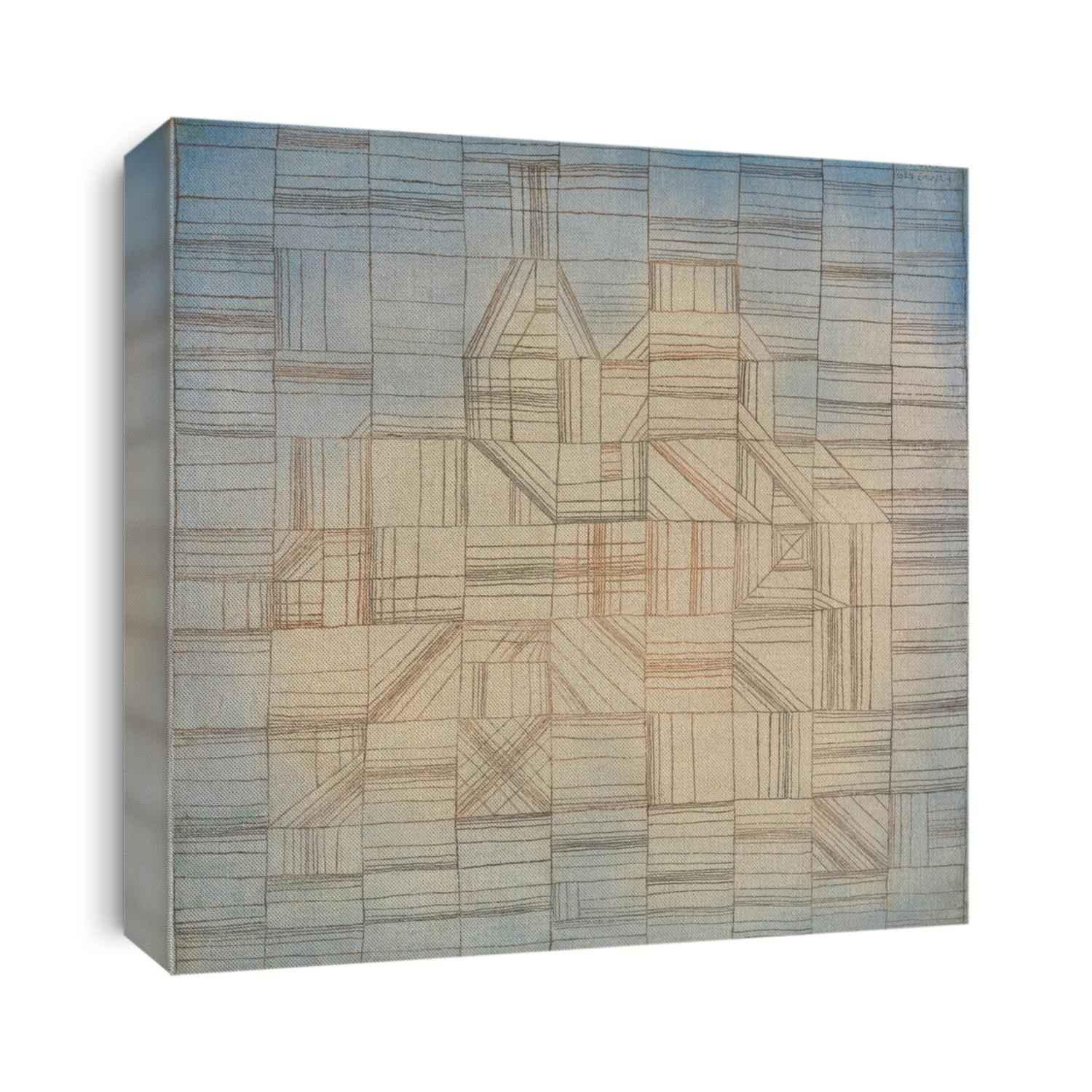 VARIATIONS , by Paul Klee, 1926, Swiss painting, oil, watercolor on canvas. The canvas surface is toned ivory in the center and blue on the corners and edges. Over this, lines create a hand drawn grid