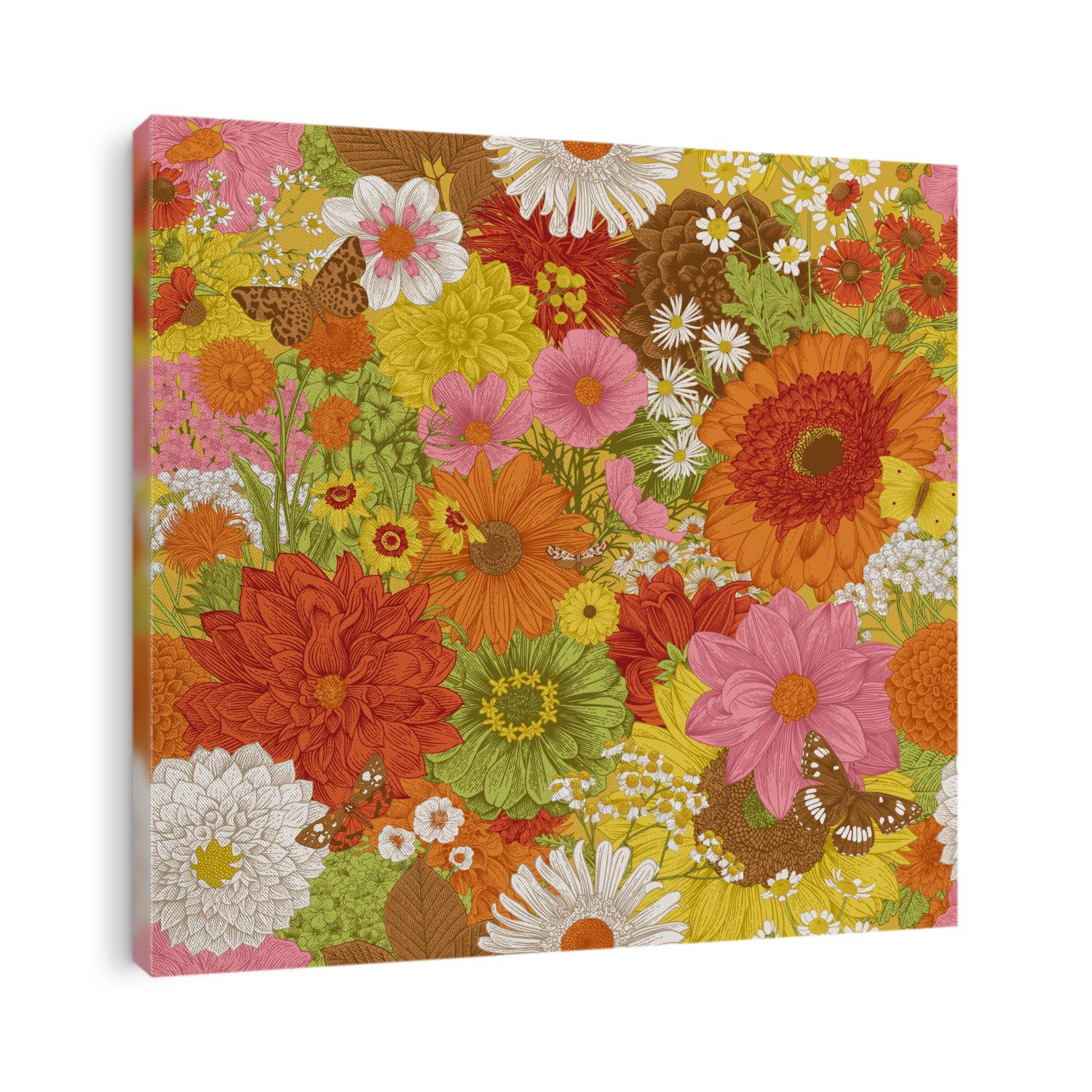 Seamless floral pattern 70s. Autumn flowers and butterflies. Warm colors.
