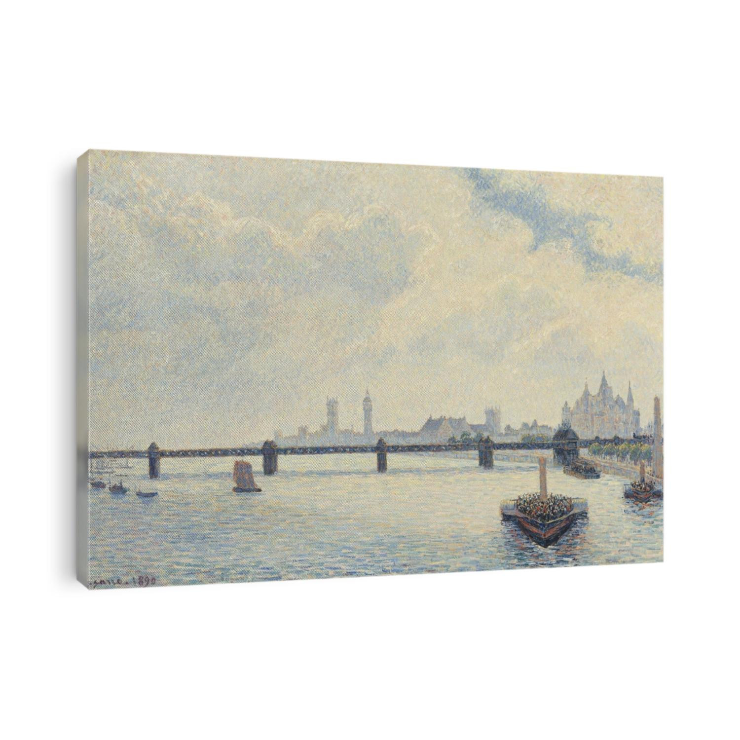 Charing Cross Bridge, London, by Camille Pissarro, 1890, French impressionist painting, oil on canvas. This painting shows the lingering effects of Pissarro's Neo-Impressionist period of 1885-1888, w