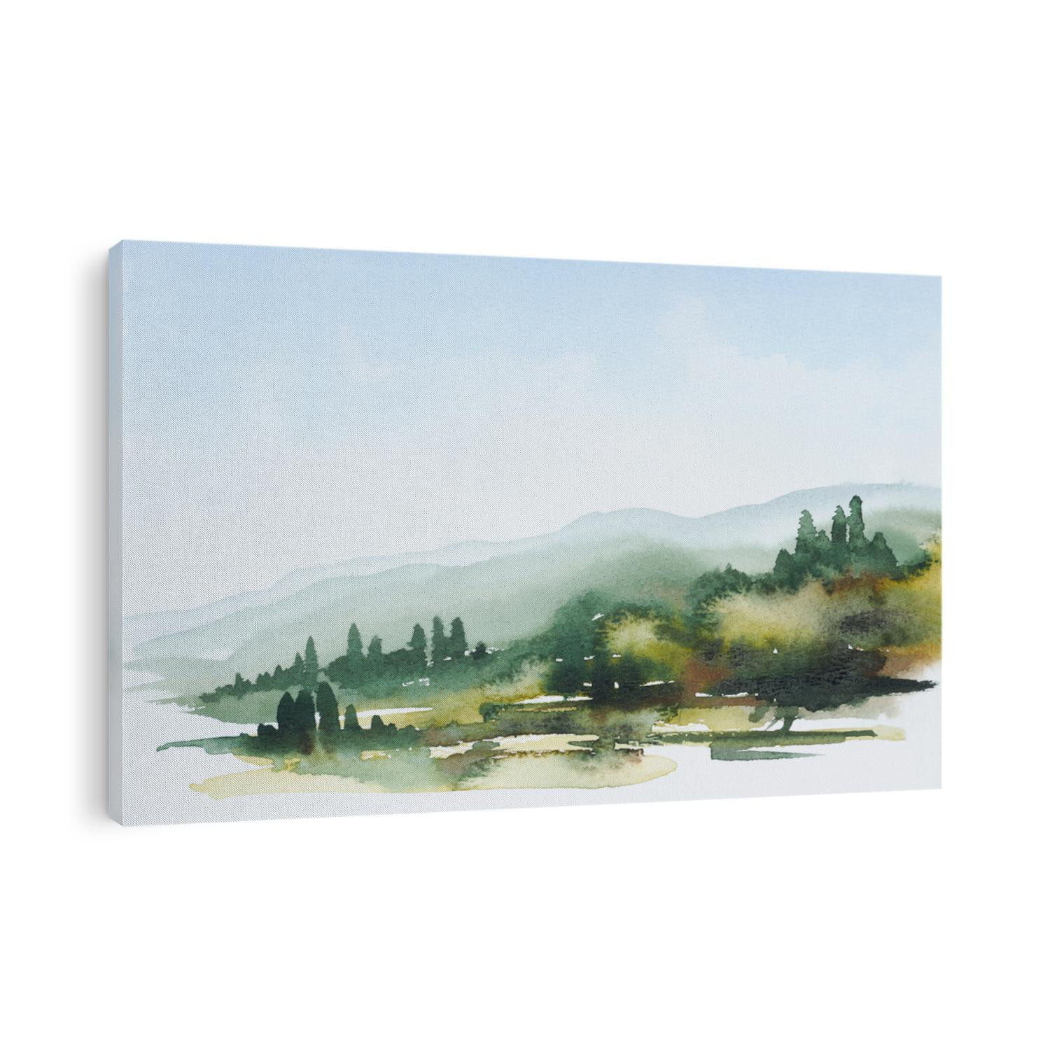 watercolor painting showing a landscape in Tuscany at summer time