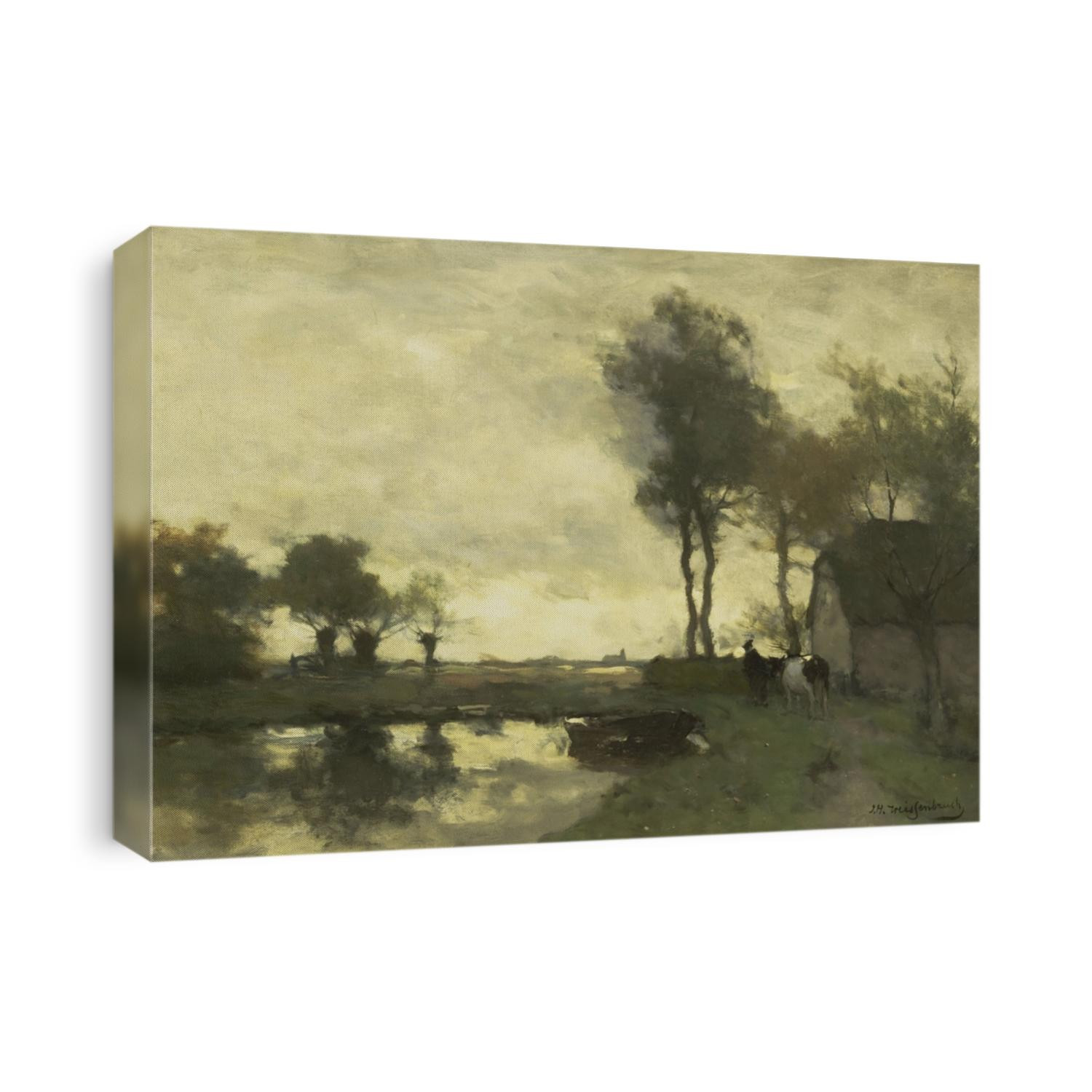 Landscape with Farm with a Pond, by Johan Hendrik Weissenbruch, 1870-1903, Dutch oil painting on canvas. A farmer leads a cow beside pond with row boat.